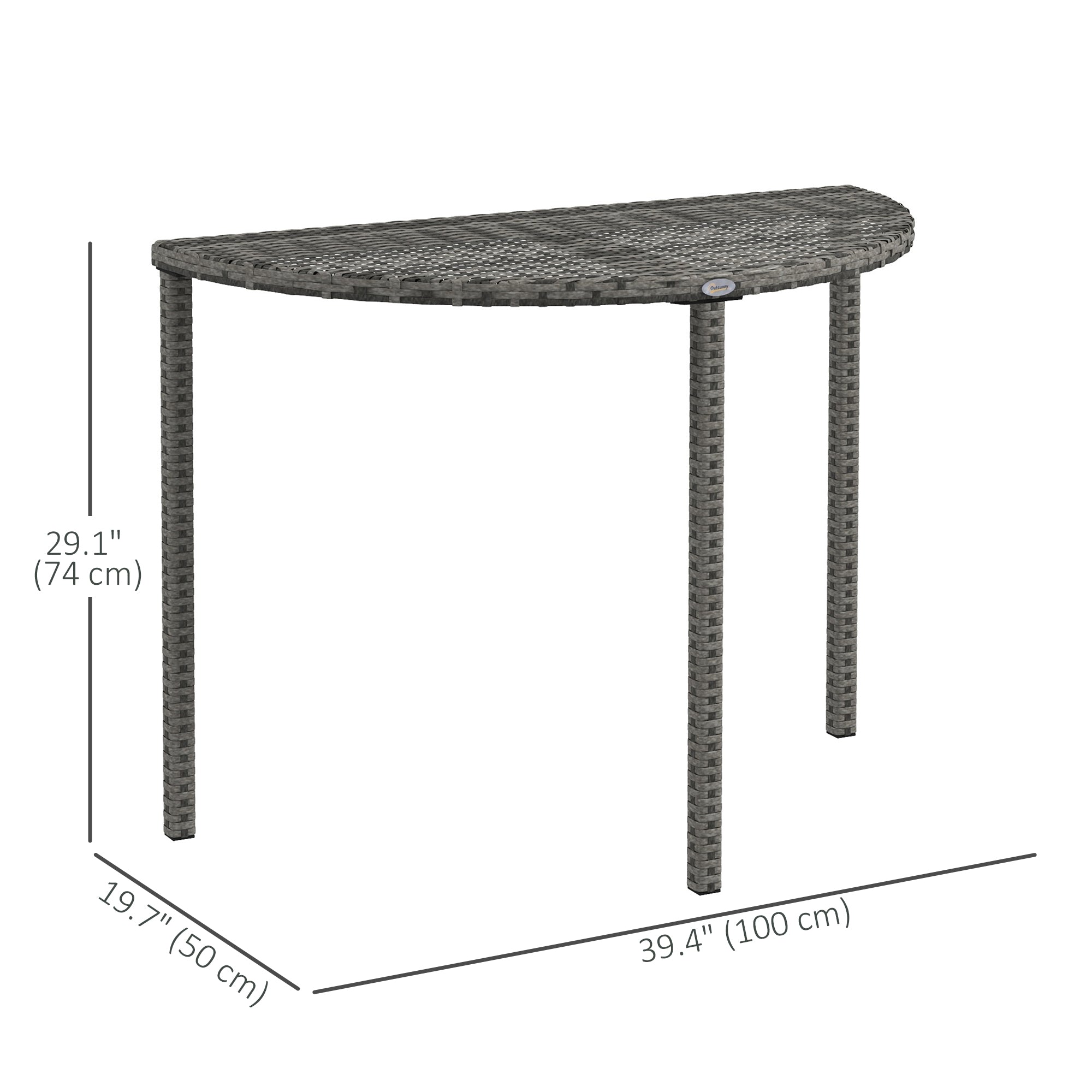 Half Round Side Table, PE Rattan Coffee Table with Metal Frame for Patio, Garden, Balcony, Black