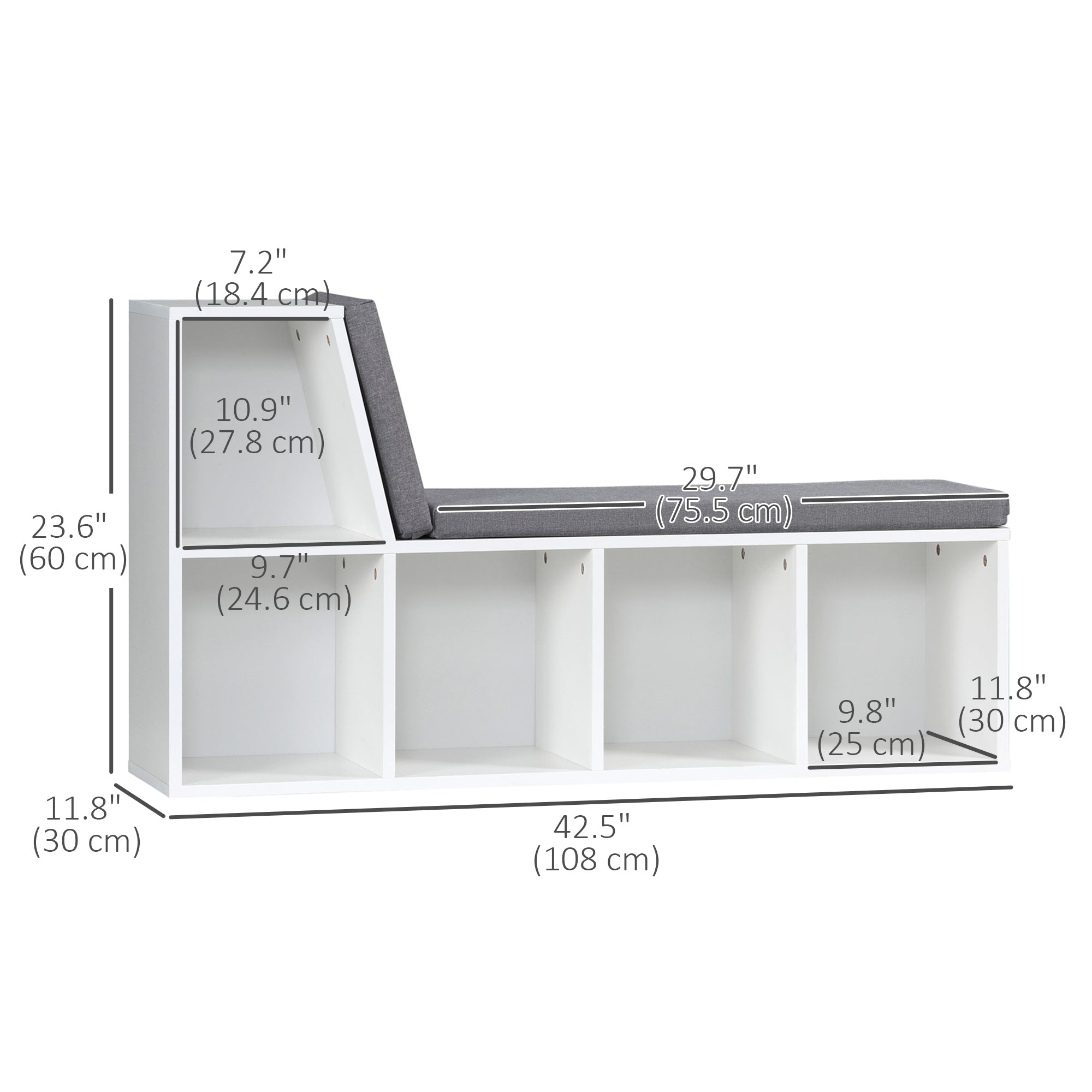 Multi-Purpose Bookshelf with 5 Cubes, 5-Cubby Bookcase with Cushioned Reading Nook and Storage Shelves, Grey