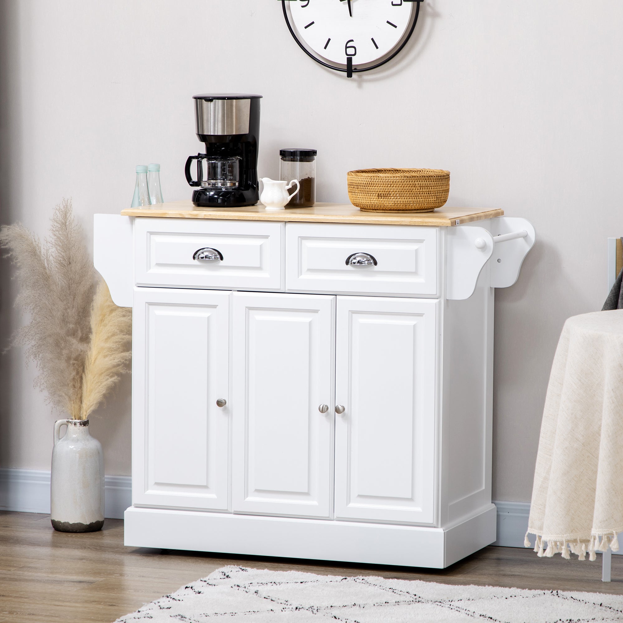 Kitchen Island with Storage Rolling Kitchen Serving Cart with Rubber Wood Top Towel Rack Storage Drawer Cabinet, Black