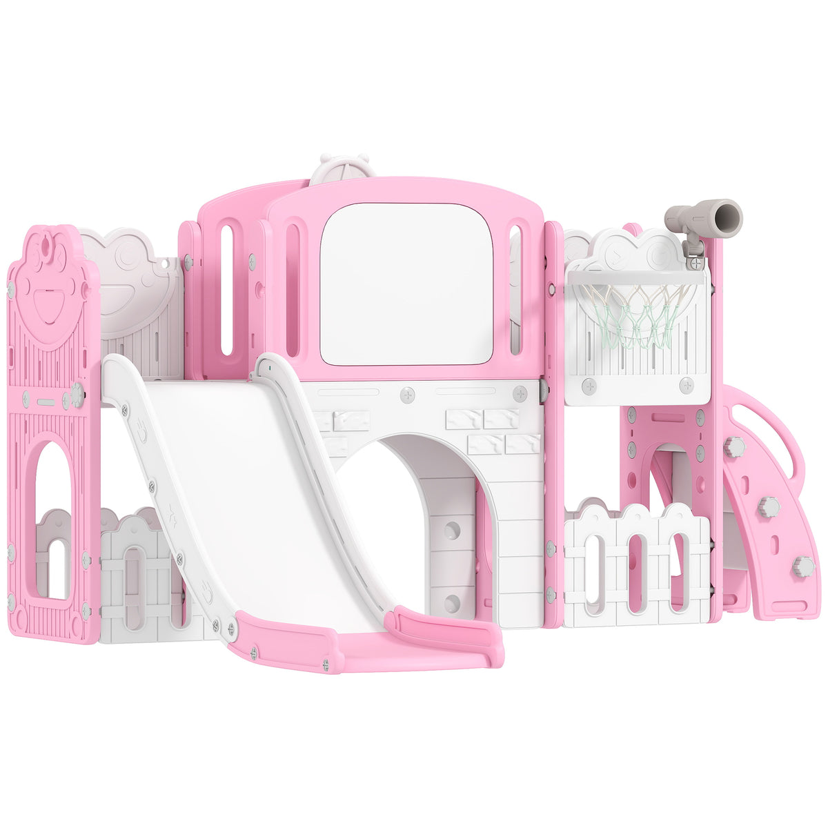 Qaba 7 in 1 Toddler Slide with Basketball Hoop, Climbing Frame, Telescope, Drawing Board, Storage Box for Ages 1-3, Pink