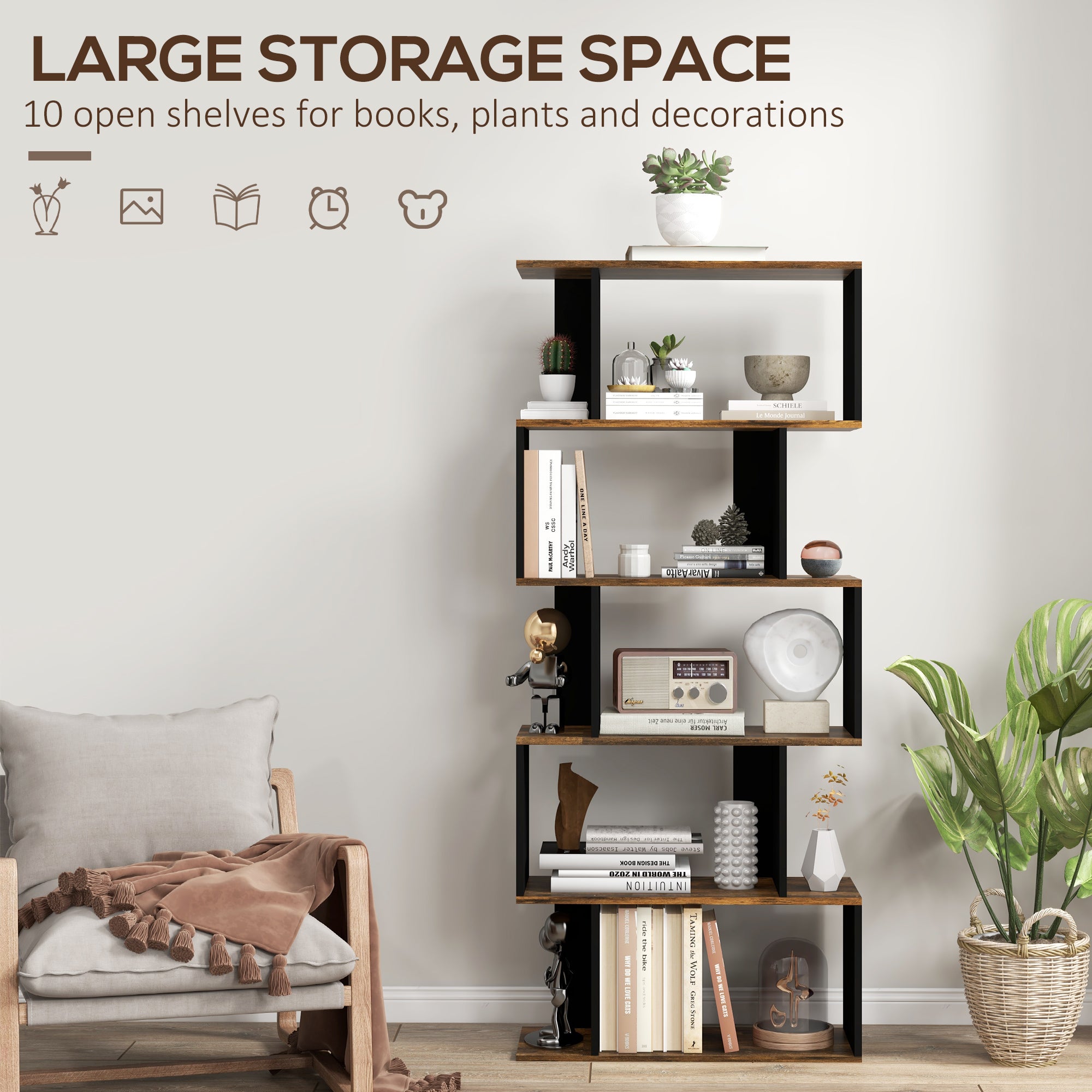 5-Tier Bookshelf, Geometric S Shaped Bookcase, Tall Narrow Display Shelf for for Living Room, Study Room, Rustic Brown