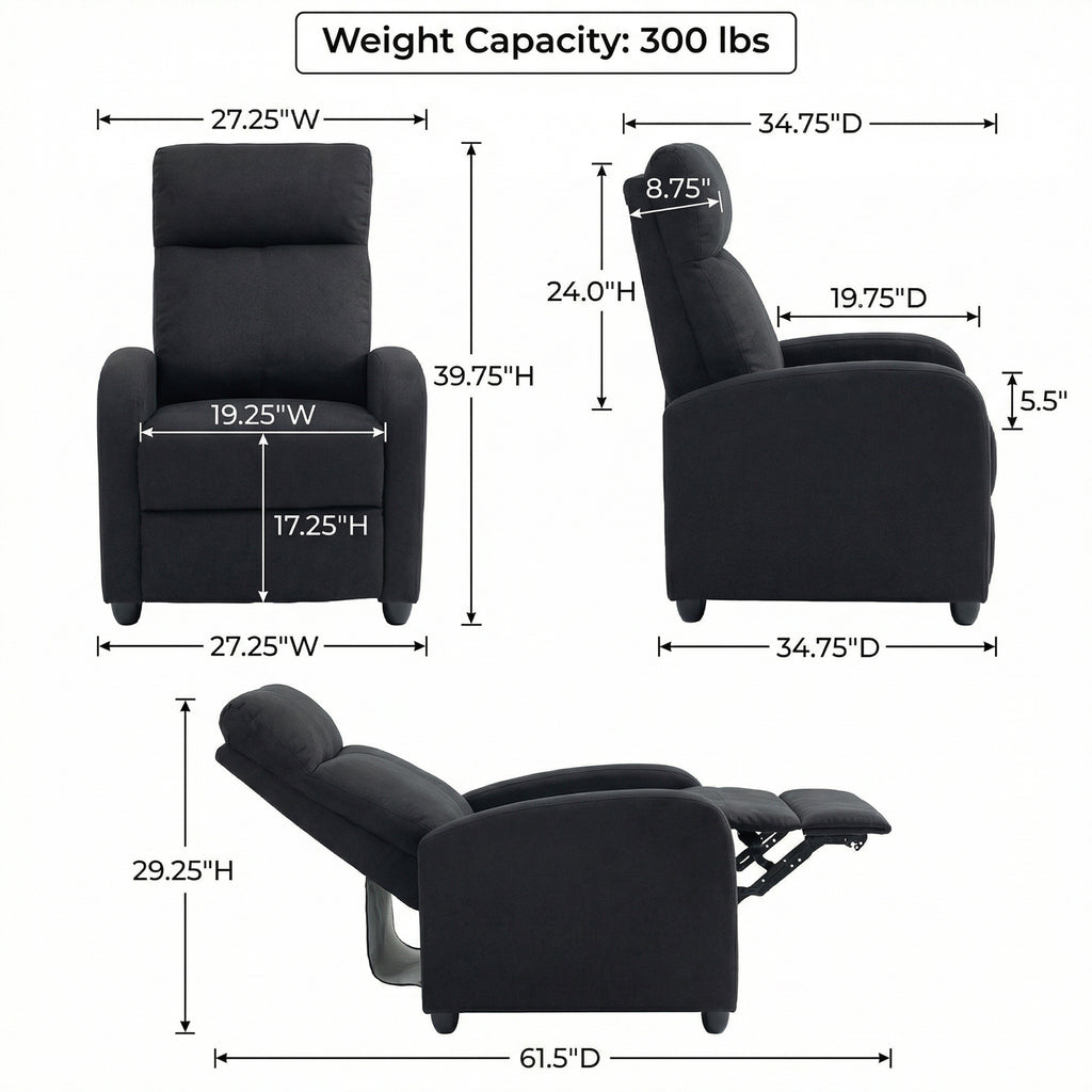 Single Recliner Sofa, Manual Home Theater Seating, Single Reclining Sofa Chair with Padded Seat for Living Room, Black