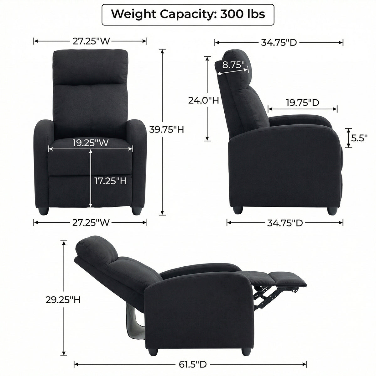 Single Recliner Sofa, Manual Home Theater Seating, Single Reclining Sofa Chair with Padded Seat for Living Room, Black