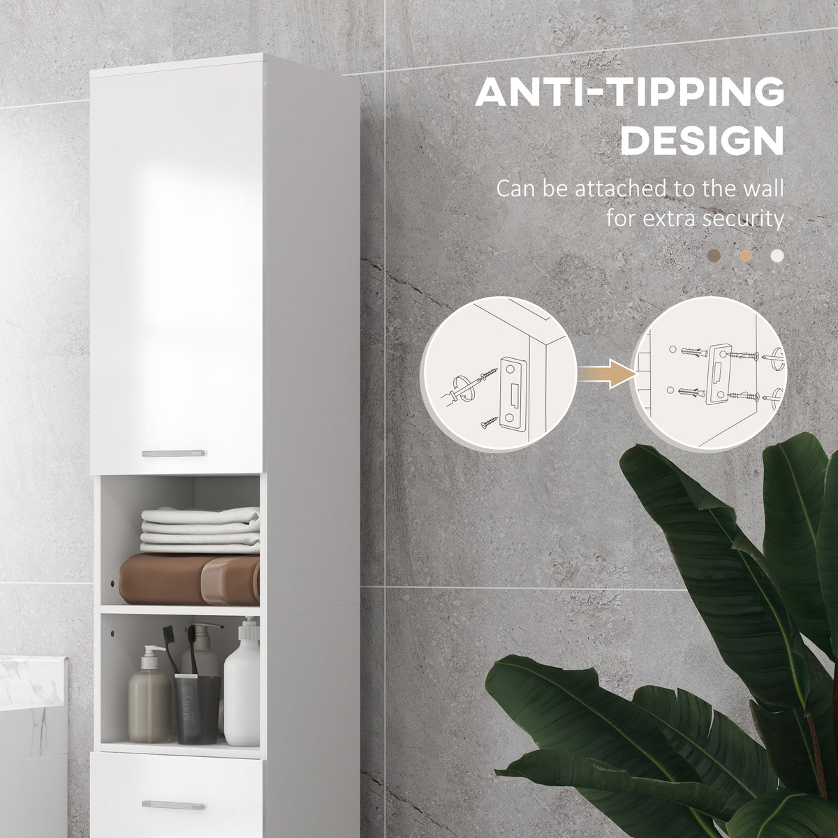 71" Tall Bathroom Storage Cabinet, Narrow Linen Tower with Drawer, Open Shelves, 2 Doors Cabinets and Adjustable Shelves, High Gloss White