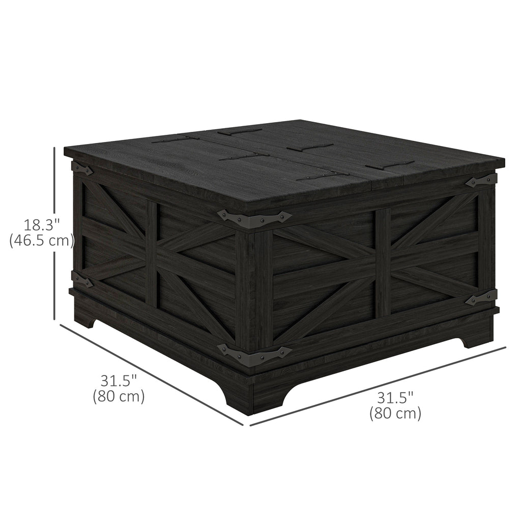 Farmhouse Coffee Table, Square Center Table with Flip-top Lids, Hidden Storage Compartment, Black
