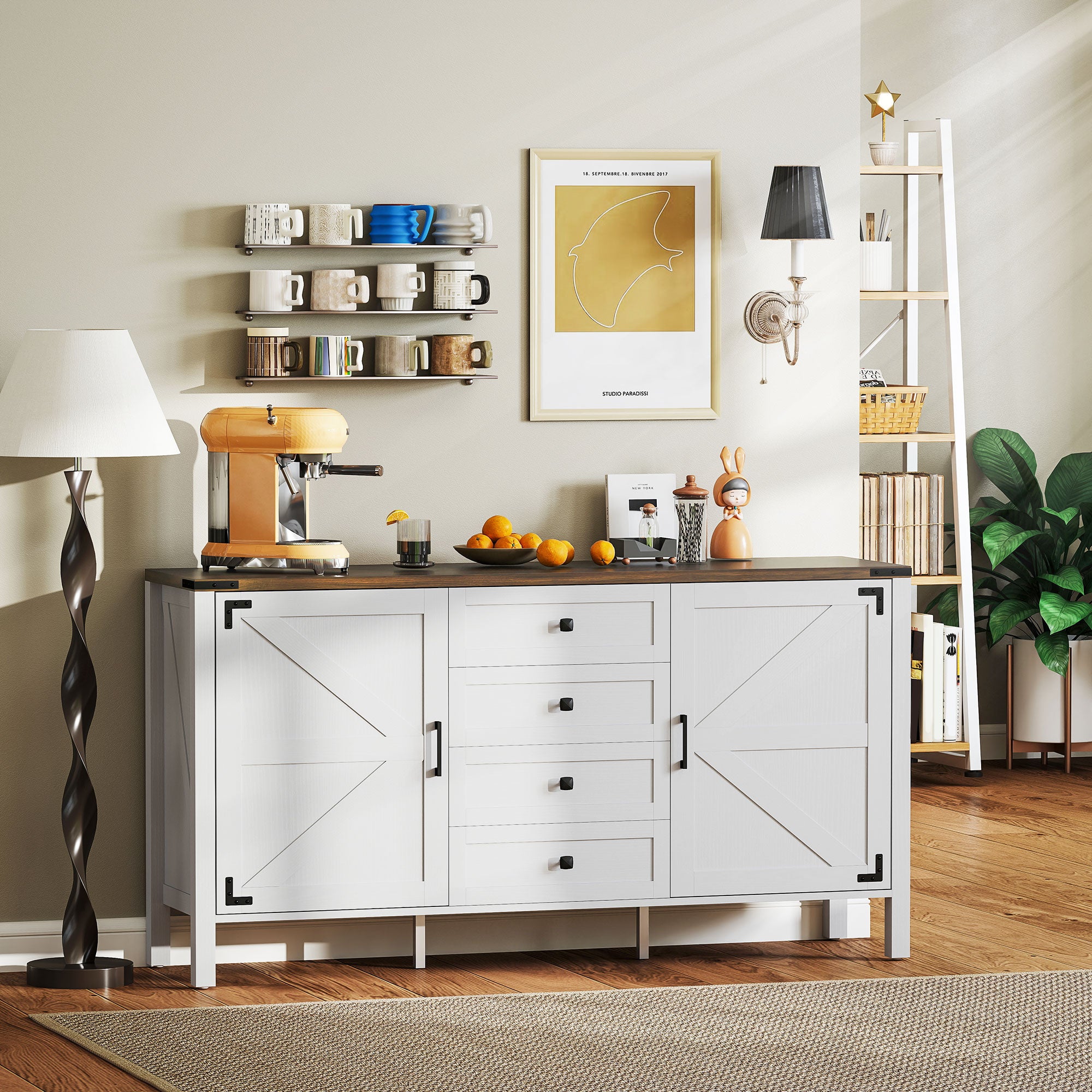 30" Buffet Cabinet, Farmhouse Sideboard with 1.2" Thick Top, 2 Barn Doors, Drawer and Adjustable Shelf, White
