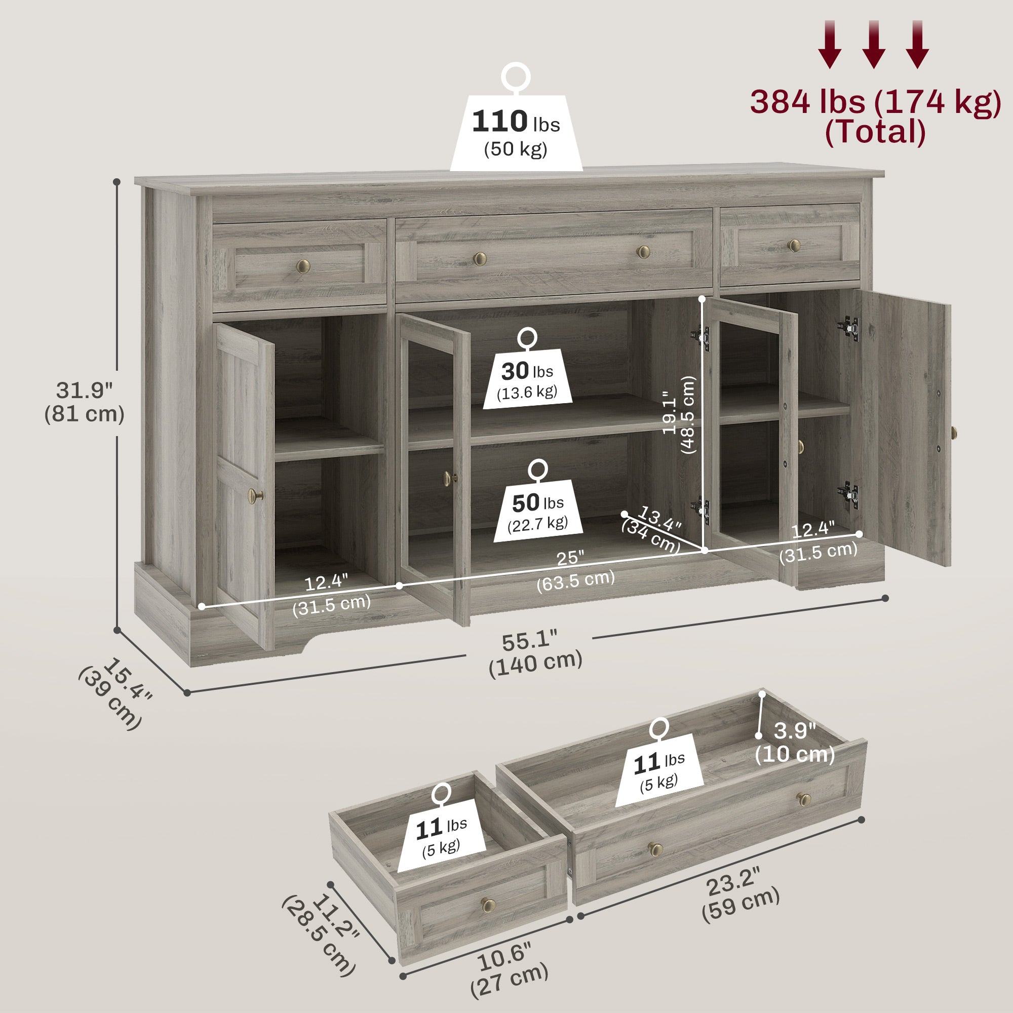 ክፍሊ መብልዒ ሳይድቦርድ ቡፌ ካቢኔት ምስ መዕቆቢ፣ ካቢኔት ባር ቡን ምስ ብርጭቆ ማዕጾታትን ተስተካከሊ መደርደሪታትን፣ ተረብሺ ግራጫ ኦክ
