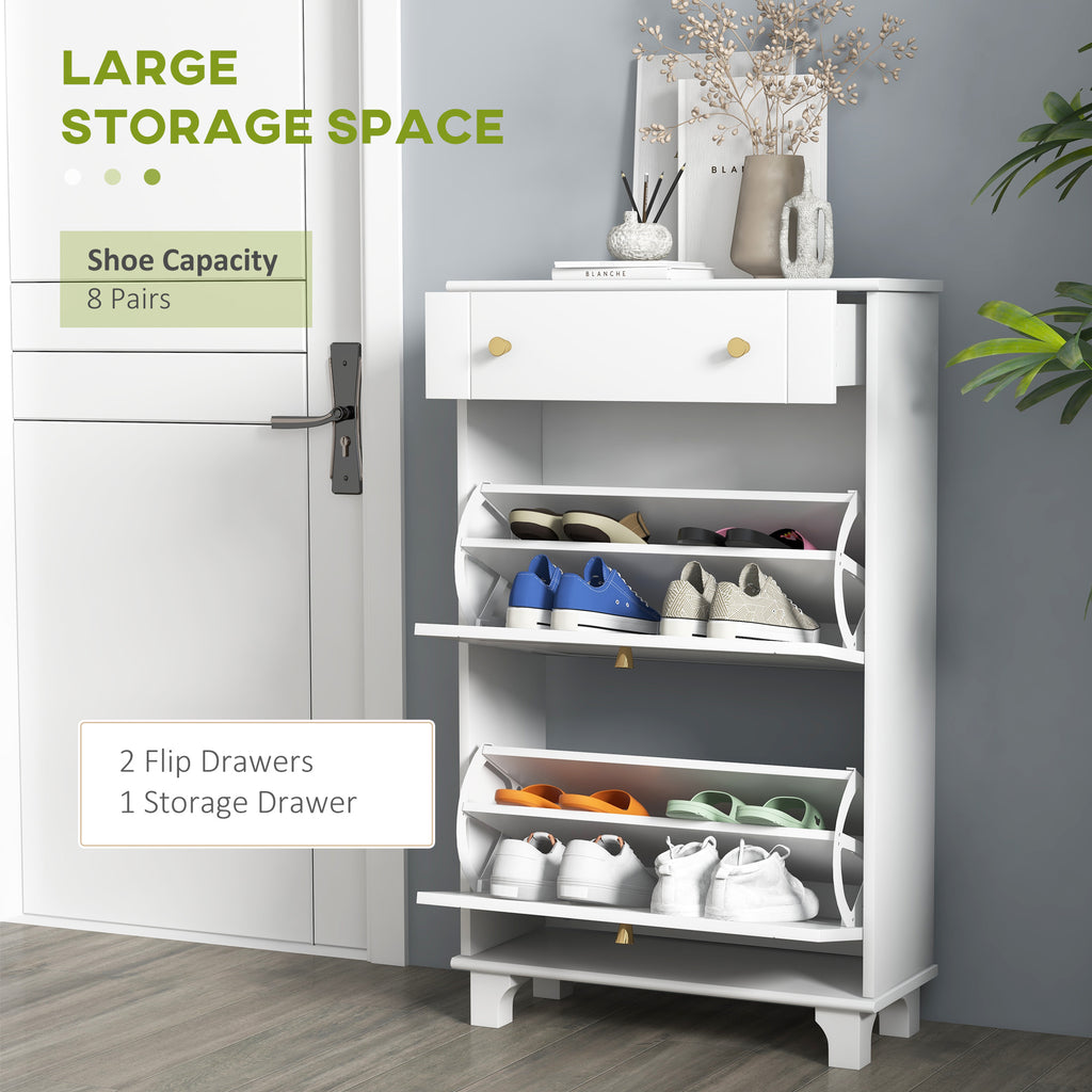 Slim Shoe Storage with 2 Flip Drawers and Adjustable Shelves Shoe Cabinet Organizer for 8 Pair,  White