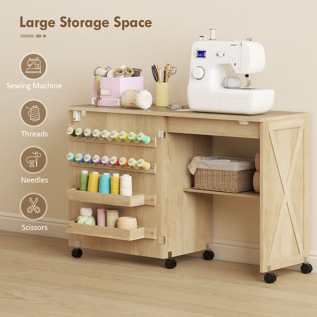 Sewing Machine Table on Wheels, Folding Craft Table with 2 Bins, Storage Shelf, 18 Pegs, Lockable Wheels, Natural