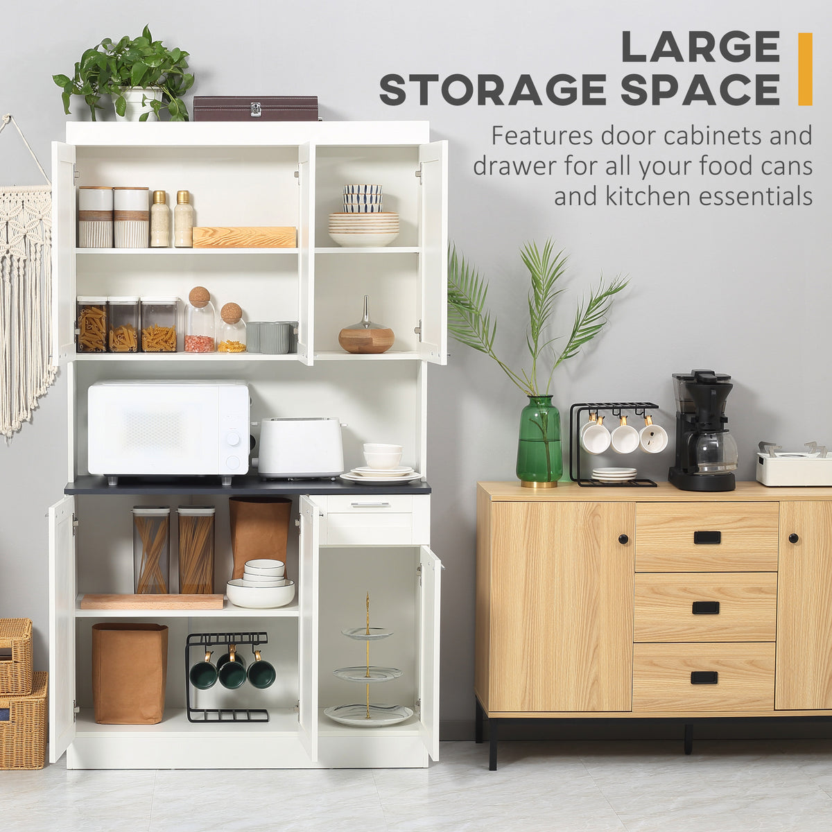 71" Kitchen Pantry Cabinet, Storage Buffet with Hutch, Adjustable Shelves,Cable Management for Kitchen, Living Room, High Gloss White