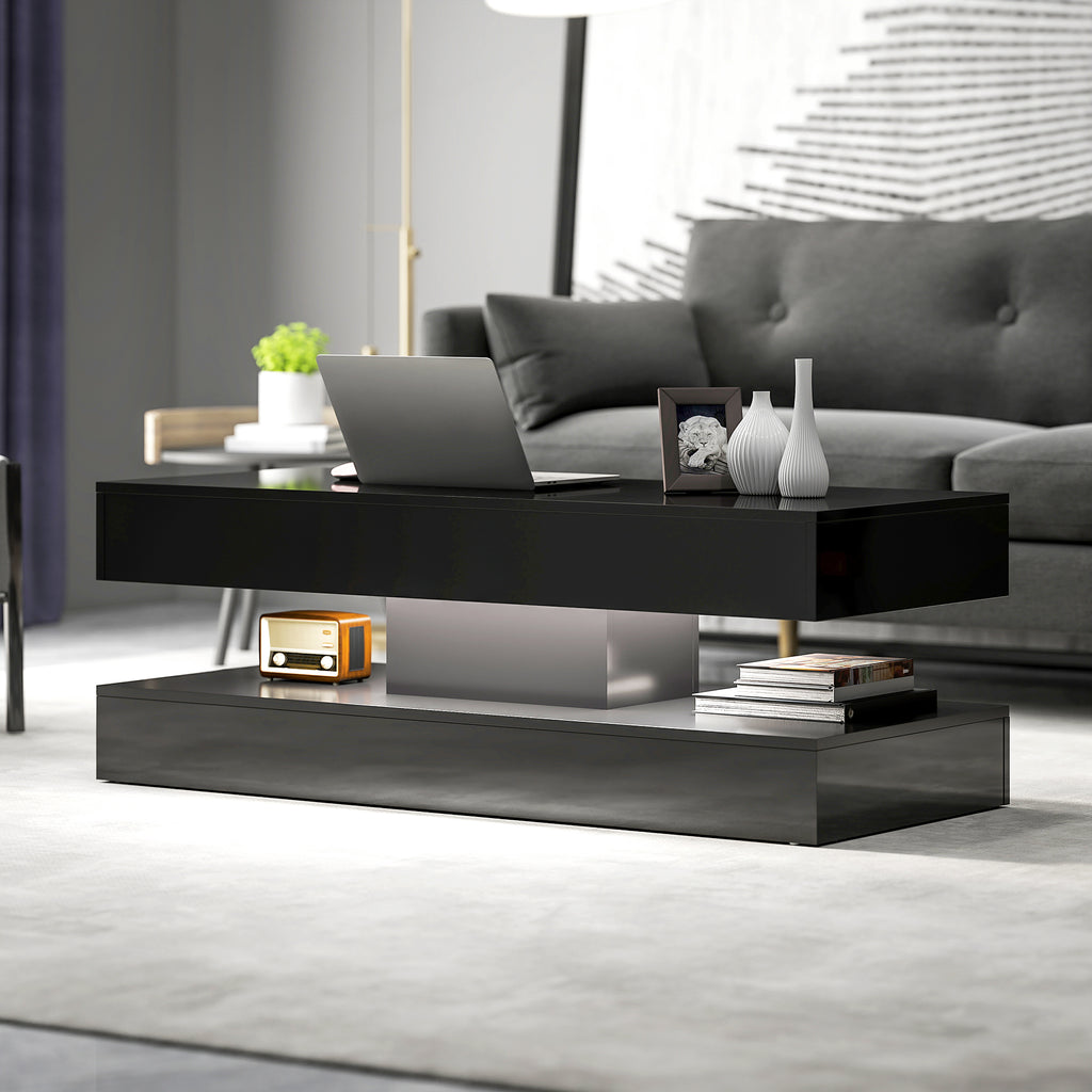 Coffee Table with Adjustable LED Lights, Modern Living Room Table with 2 Drawers, Open Shelf, Remote, High Gloss White