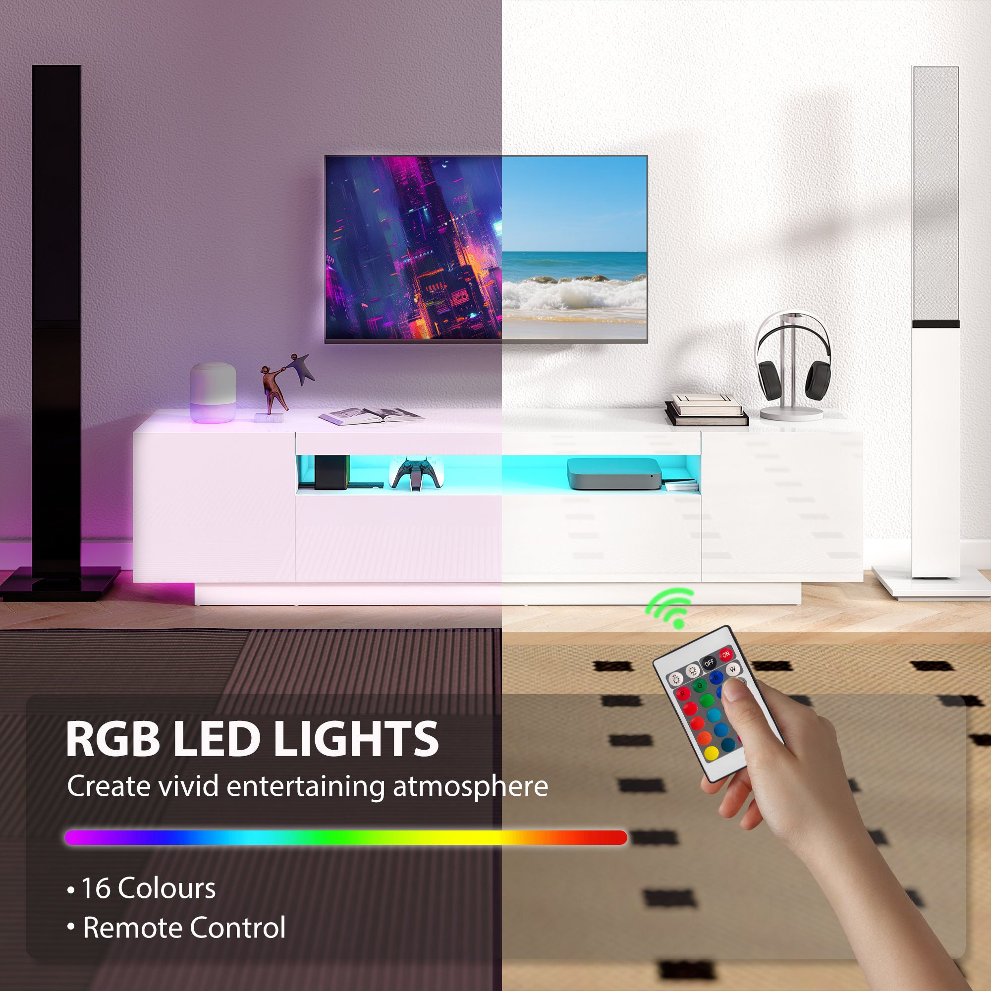 ማዕከል መዘናግዒ ምስ RGB LED መብራህቲ፣ መቐመጢ ቲቪ ን65-85 ኢንች ቲቪ፣ ዘመናዊ ጣውላ ቲቪ ንክፍሊ መዕረፊ፣ ልዑል ብርሃን ጻዕዳ