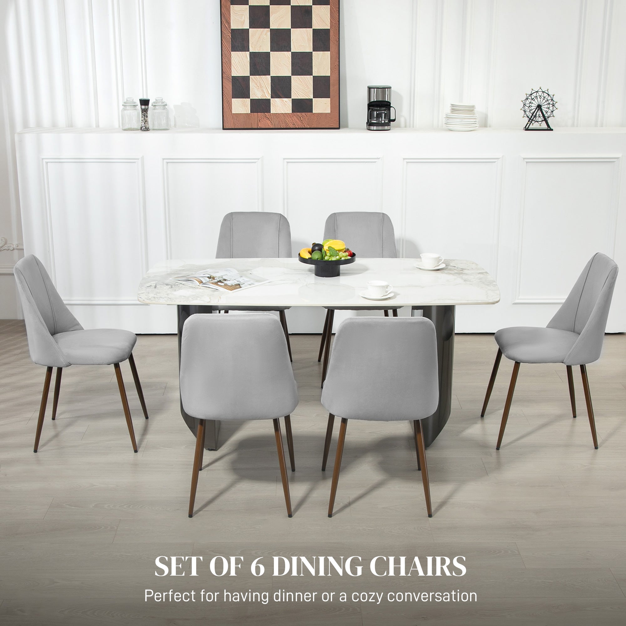 Upholstered Dining Chairs Set of 4, Velvet Accent Chair with Back and Wood-grain Steel Leg for Kitchen, Grey