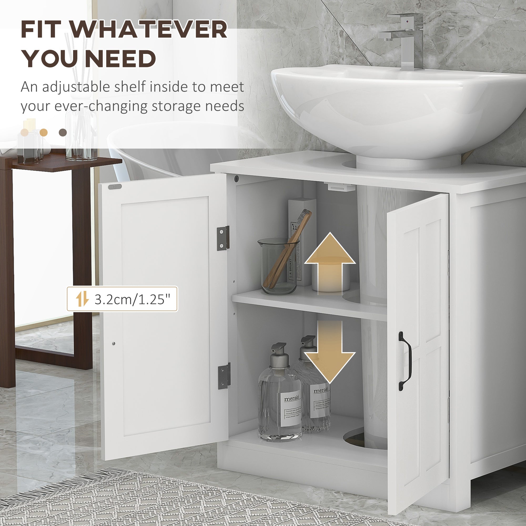 Pedestal Under Sink Cabinet, Bathroom Vanity Cabinet Storage with Double Doors and Adjustable Shelf, White
