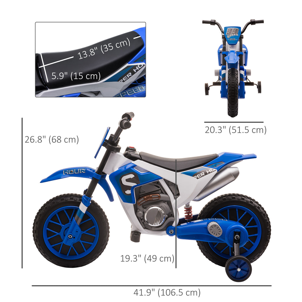 Aosom Kids Dirt Bike 12V Battery-Powered Ride-On Electric Motorcycle with Charging Battery, Training Wheels Blue