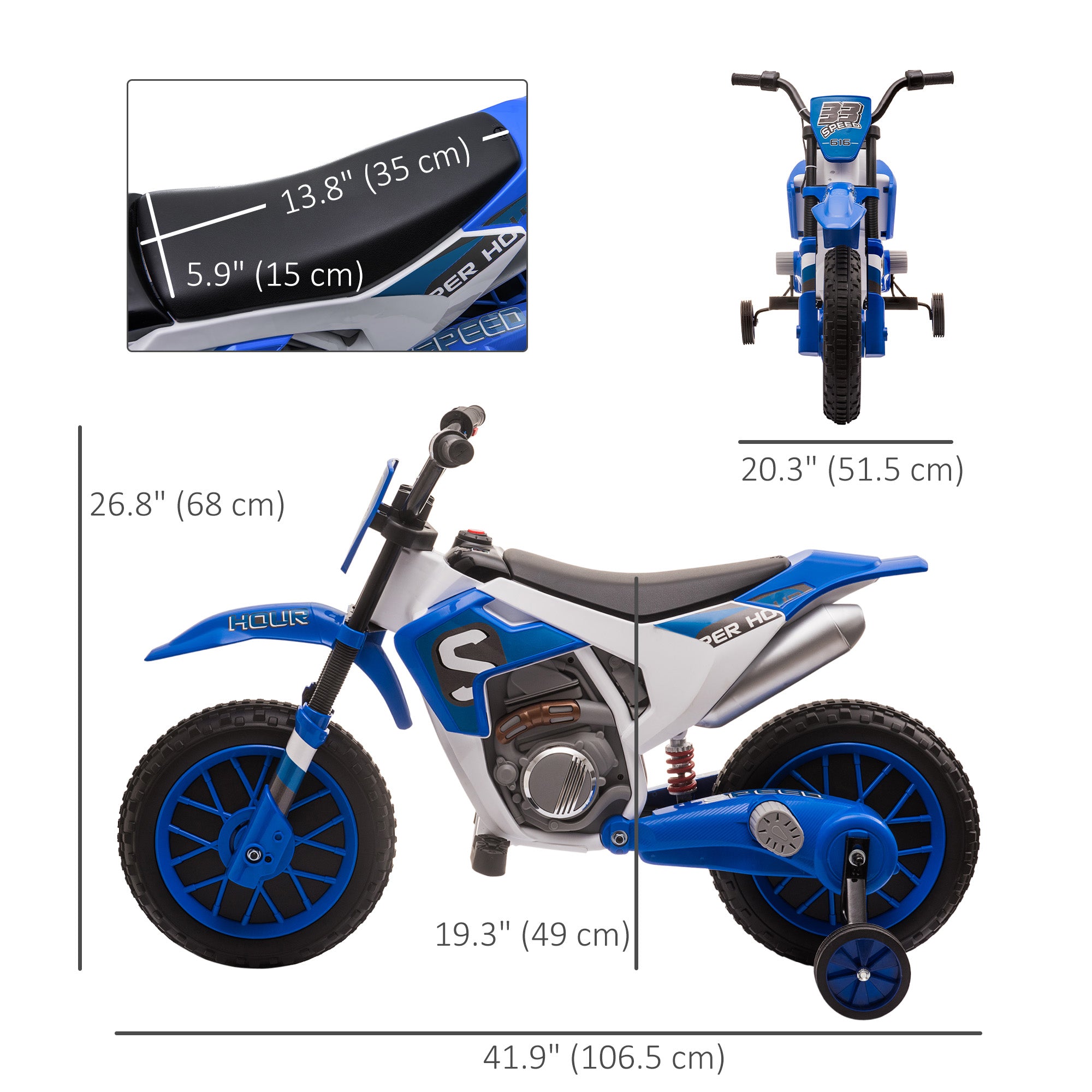 Aosom Kids Dirt Bike 12V Battery-Powered Ride-On Electric Motorcycle with Charging Battery, Training Wheels Blue