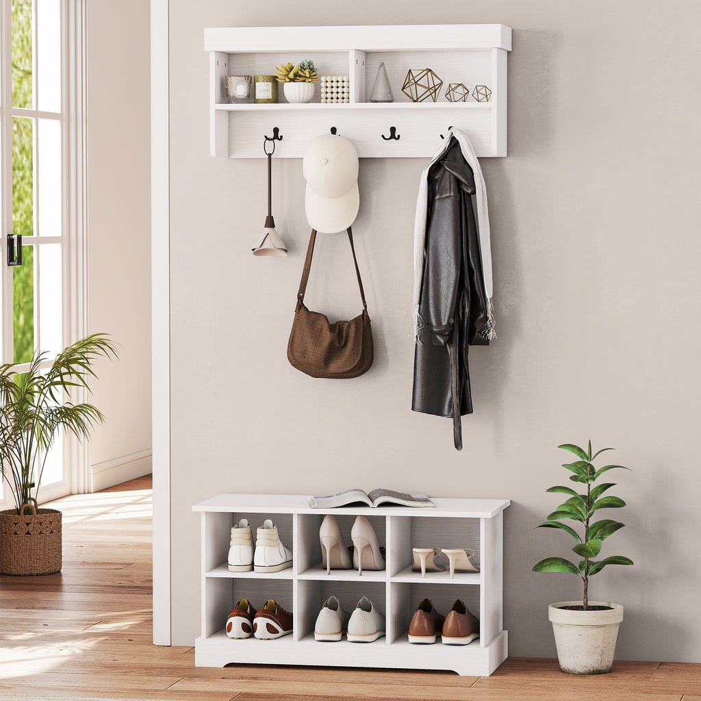 Coat Rack Shoe Bench Set, Entryway Shoe Bench with 8 Storage Cubbies, 4 Hooks for Hallway, Living Room, White
