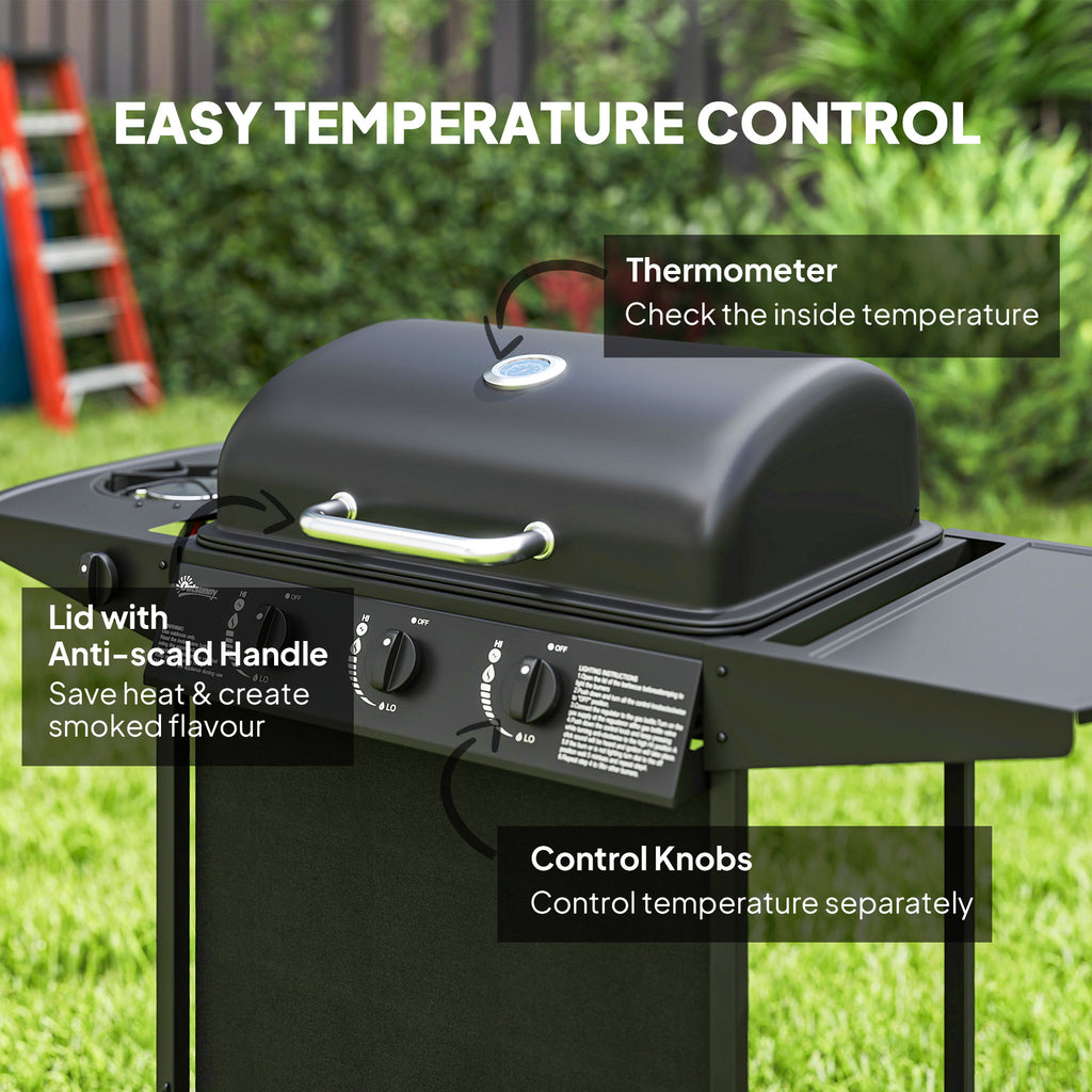 3+1 Burner Propane Gas BBQ Grill, Portable Gas Barbecue Grill with Side Burner, Thermometer, Lid, Side Table, Shelf, Spice Rack, Wheels, Grease Cup for Garden, Black