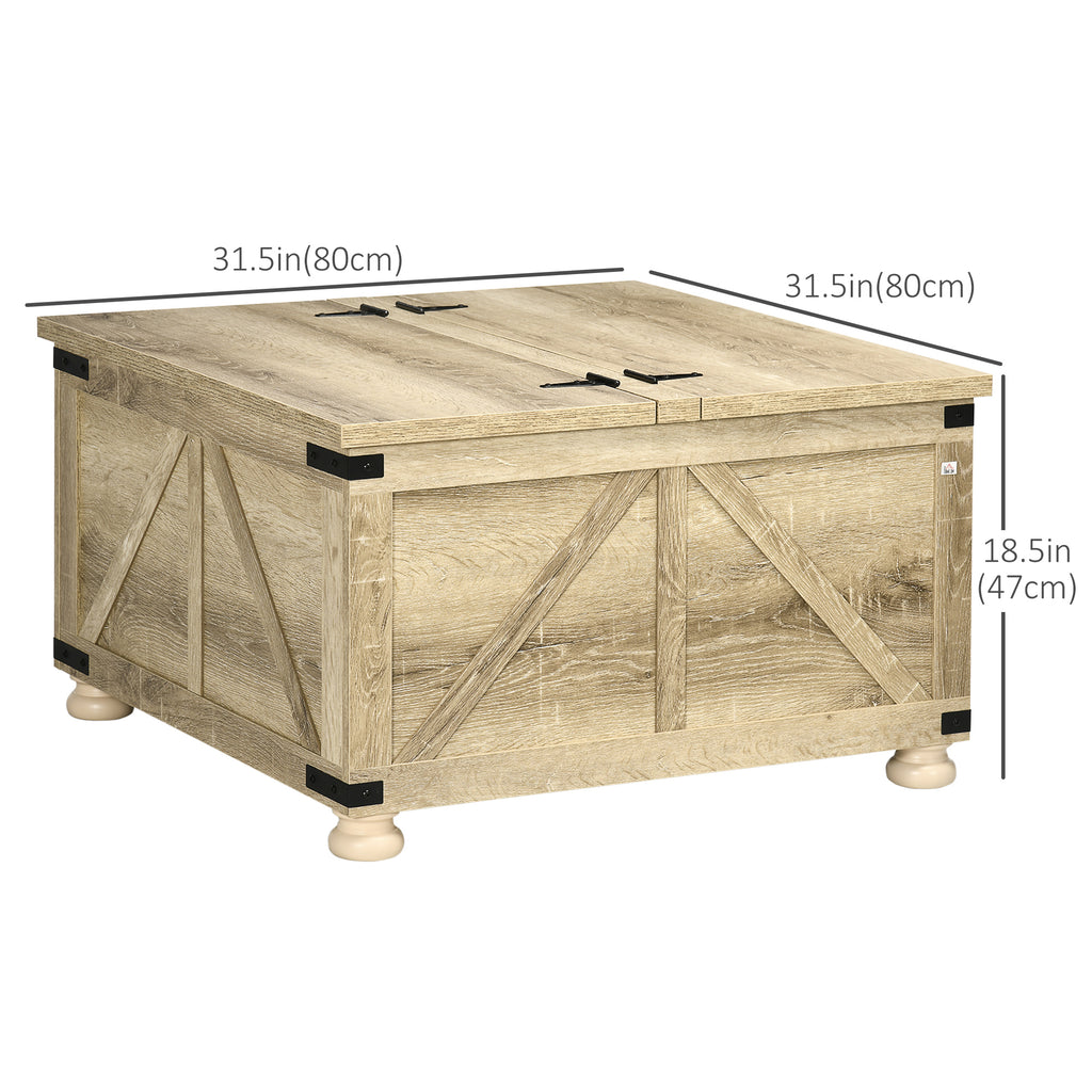 Farmhouse Coffee Table, Square Center Table with Flip-top Lids, Hidden Storage Compartment and Wooden Legs, Oak