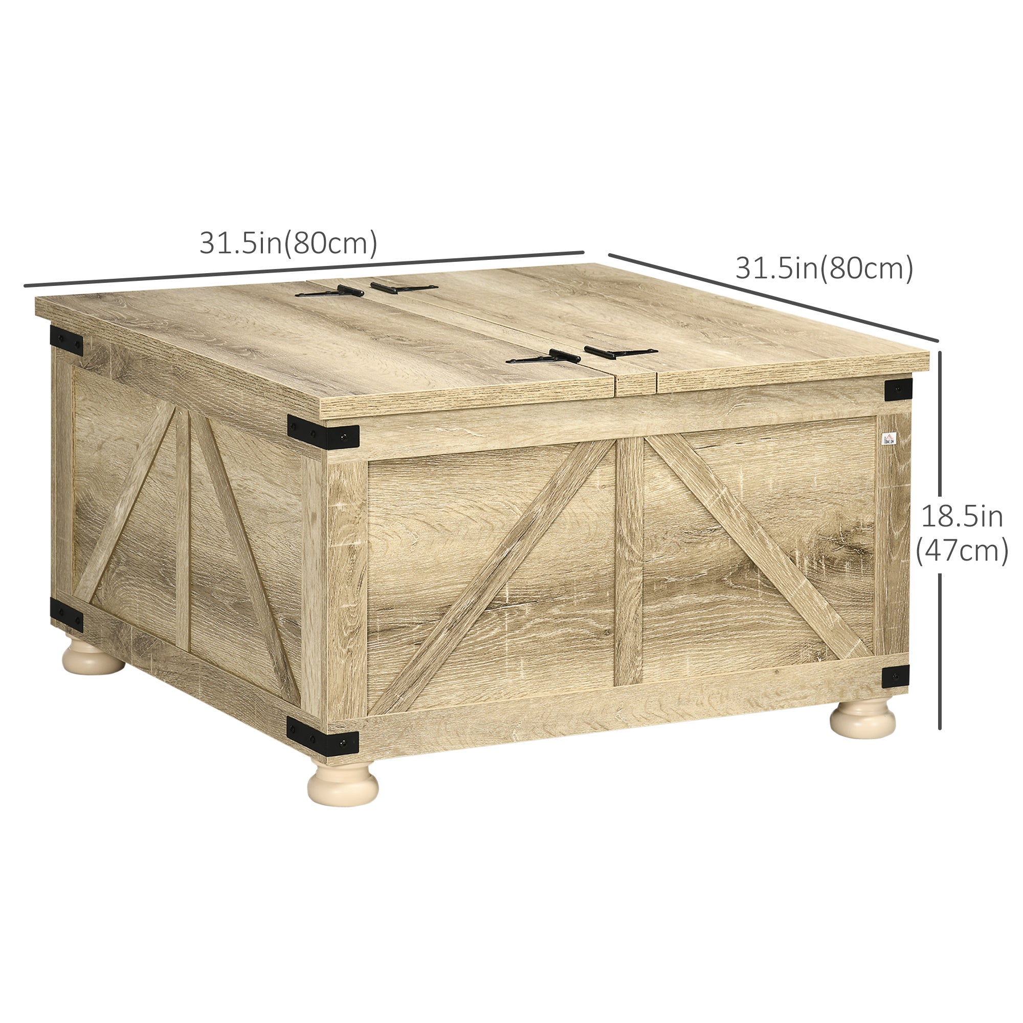 Farmhouse Coffee Table, Square Center Table with Flip-top Lids, Hidden Storage Compartment and Wooden Legs, Oak