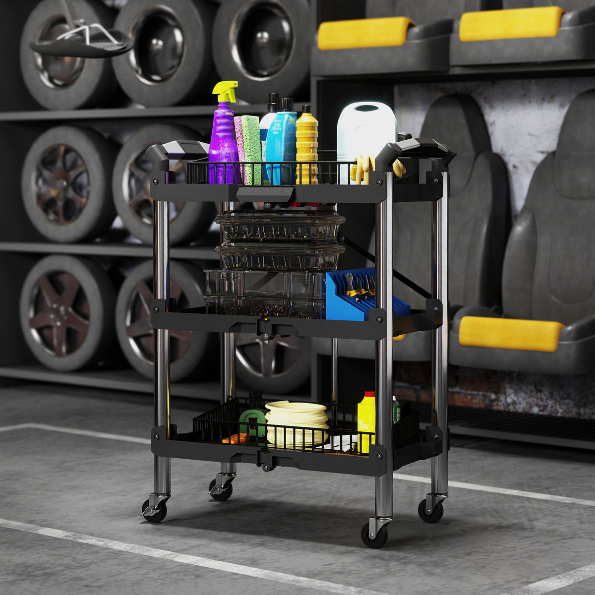 3-Tier Collapsible Tool Cart with Wheels, 150 LBS Capacity Folding Utility Cart with Handles for Garage Workshop, Black