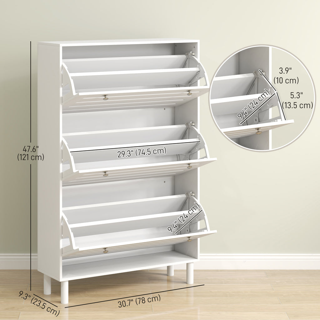 Narrow Shoe Storage Cabinet, 3 Flip Drawers, Adjustable Shelves, 18-24 Pairs Capacity, White