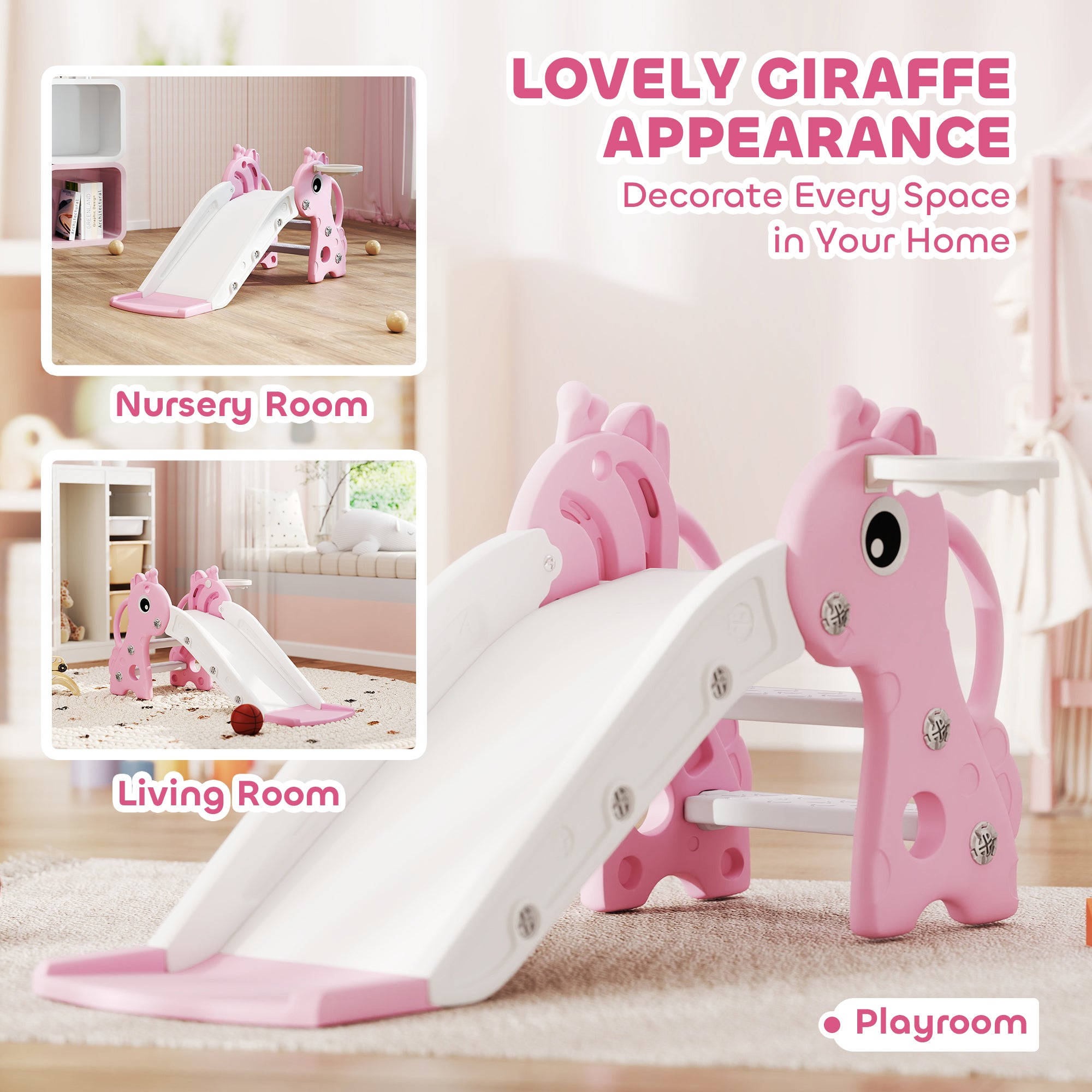 Qaba 3 in 1 Toddler Slide for Age 1-3, Kids Slide with Climber, Basketball Hoop and Ball, Giraffe Design, Pink