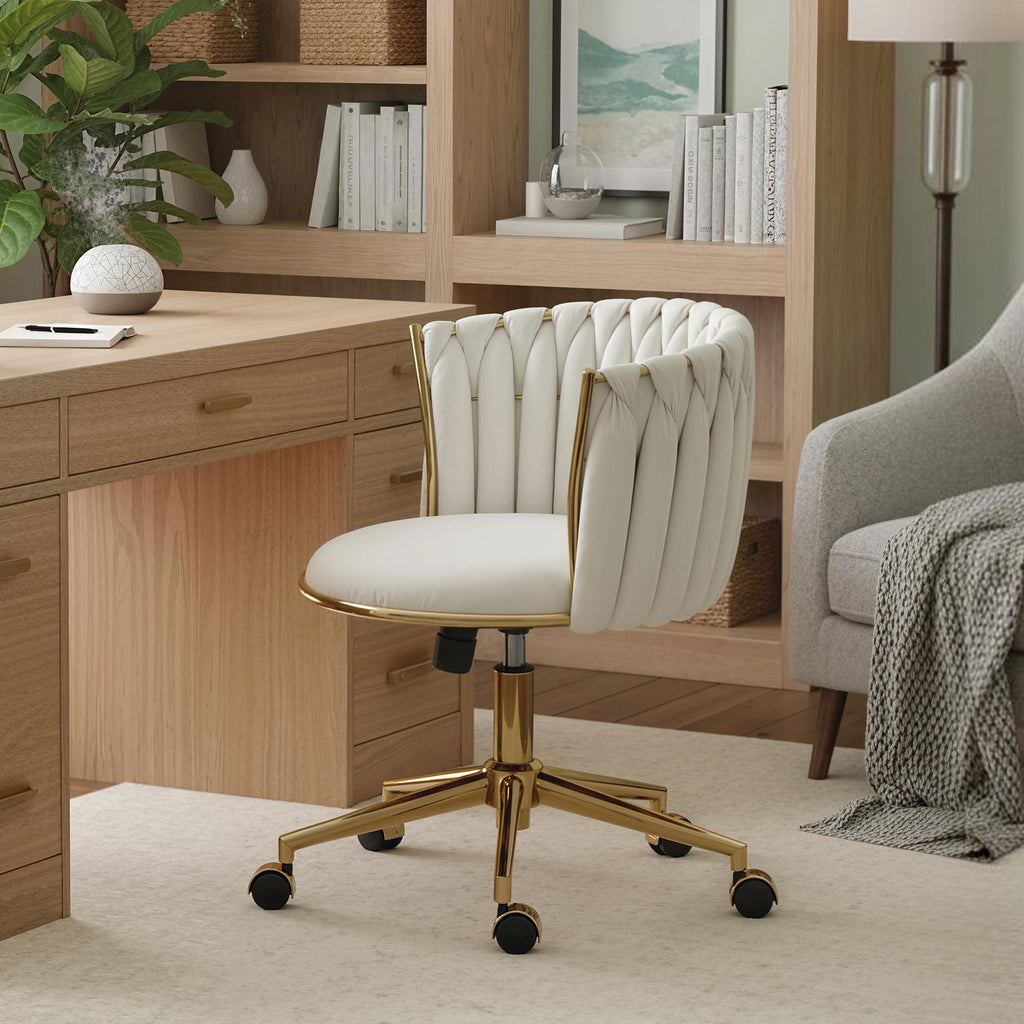 Office Chair, Vanity Chair with Woven Back, Adjustable Height, Rolling Wheels, Cream White