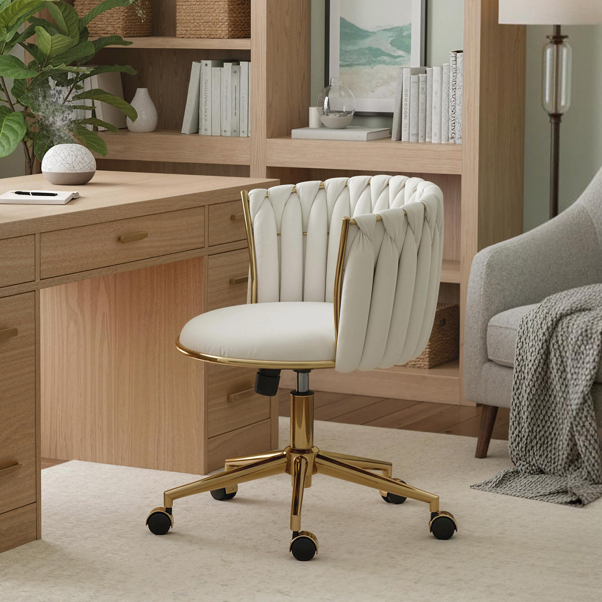 Office Chair, Vanity Chair with Woven Back, Adjustable Height, Rolling Wheels, Cream White