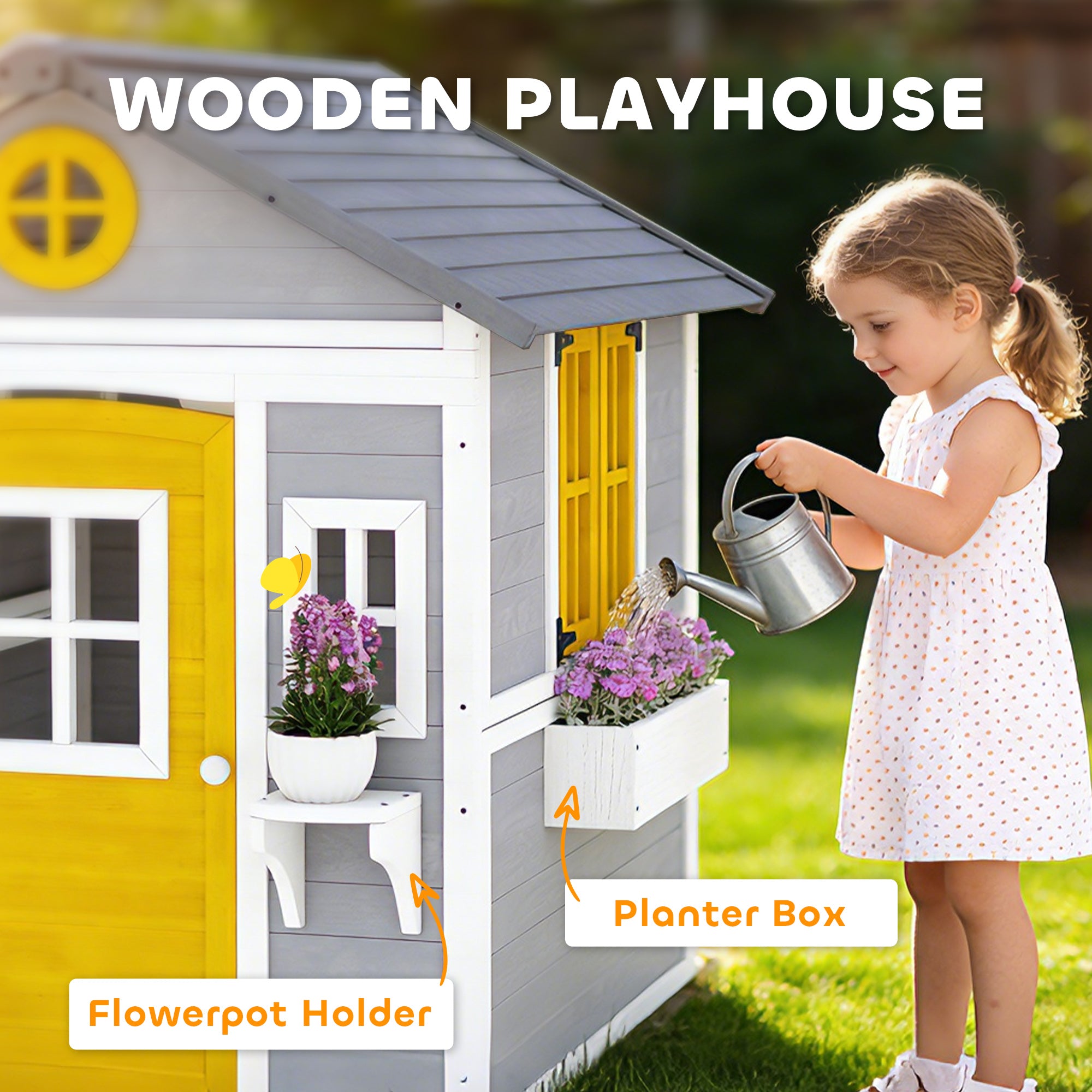 Wooden Playhouse for Kids Outdoor with Door, Windows, Planter Pots and Boxes for Toddlers 3-8 Years, Grey