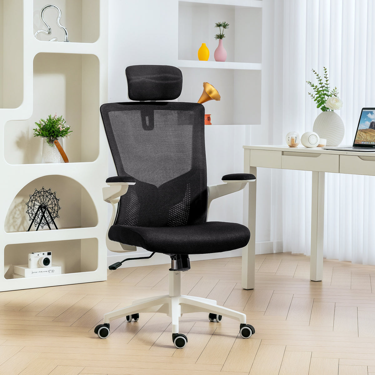 Ergonomic Office Chair, Swivel Desk Chair with Adjustable Lumbar Support, Headrest and Height, Flip-up Armrests, Grey