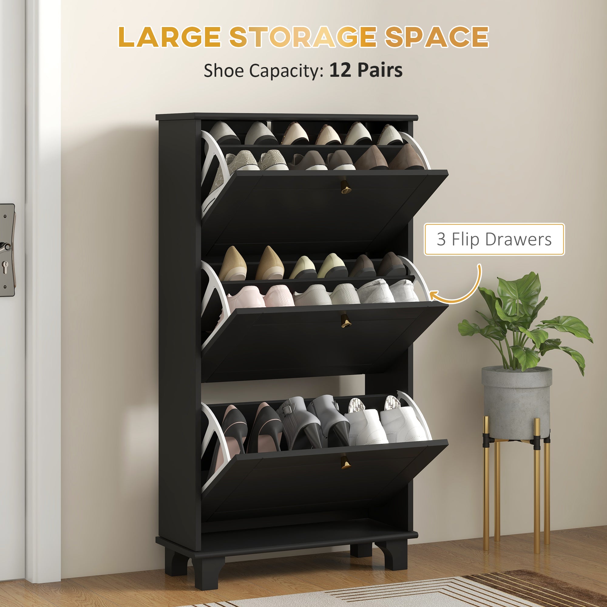Narrow Shoe Storage with 2 Flip Drawers and Adjustable Shelves Shoe Cabinet Organizer for 12 Pairs of Shoes, White
