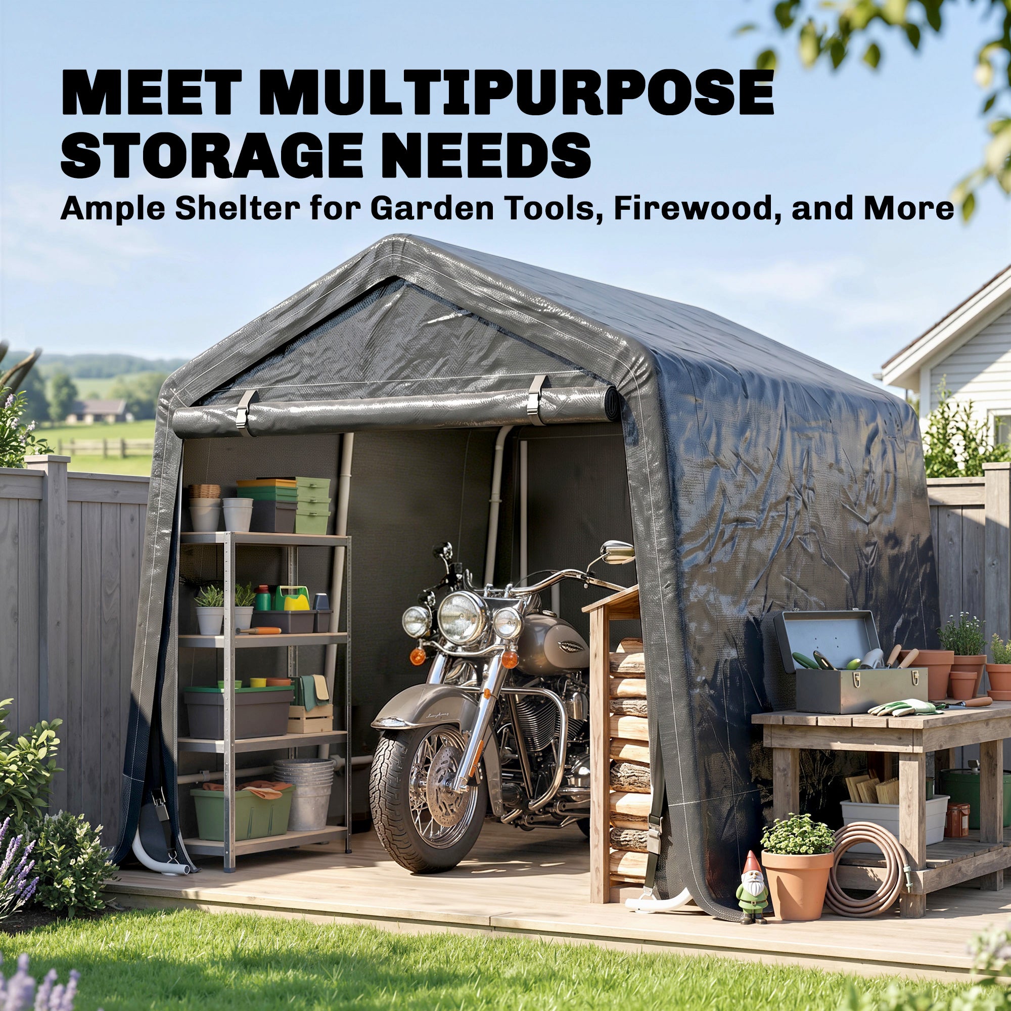 7.9' x 6.6' Garden Storage Tent, Patio Storage Shelter w/ Metal Frame and Double Zipper Doors, Dark Grey