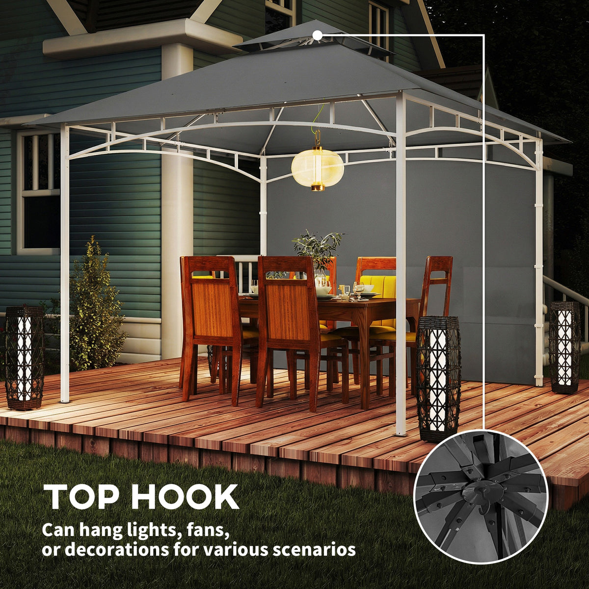 10' x 10' Patio Gazebo, Double Roof Outdoor Gazebo Canopy Shelter with Storage, Hook, Metal Frame, Dark Grey
