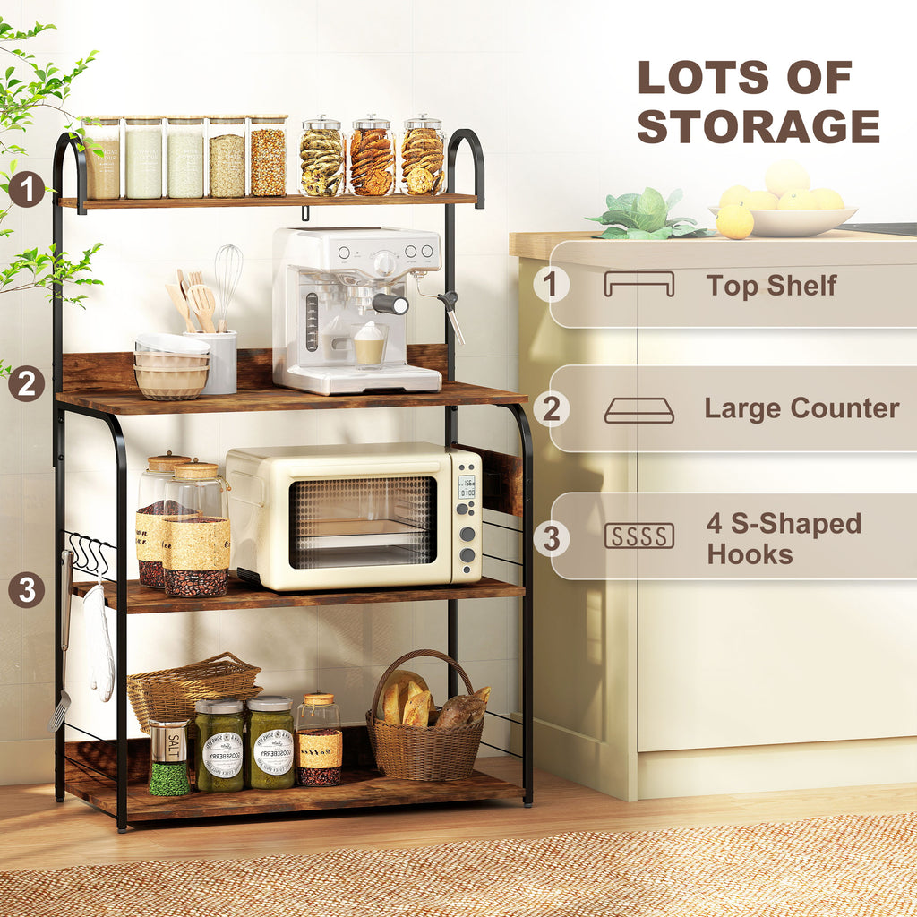 Baker's Rack with Charing Station, Microwave Shelf with Power Outlet, USB Charger and 5 Hooks, Rustic Brown