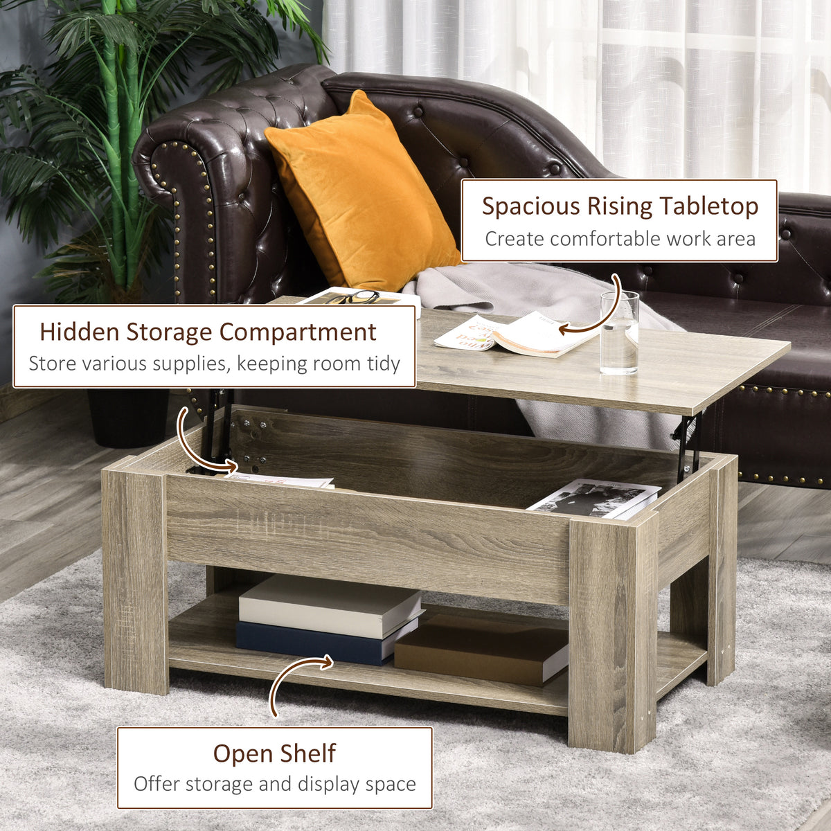 Lift Top Coffee Table with Hidden Storage Compartment and Open Shelf, Center Table for Living Room, Grey
