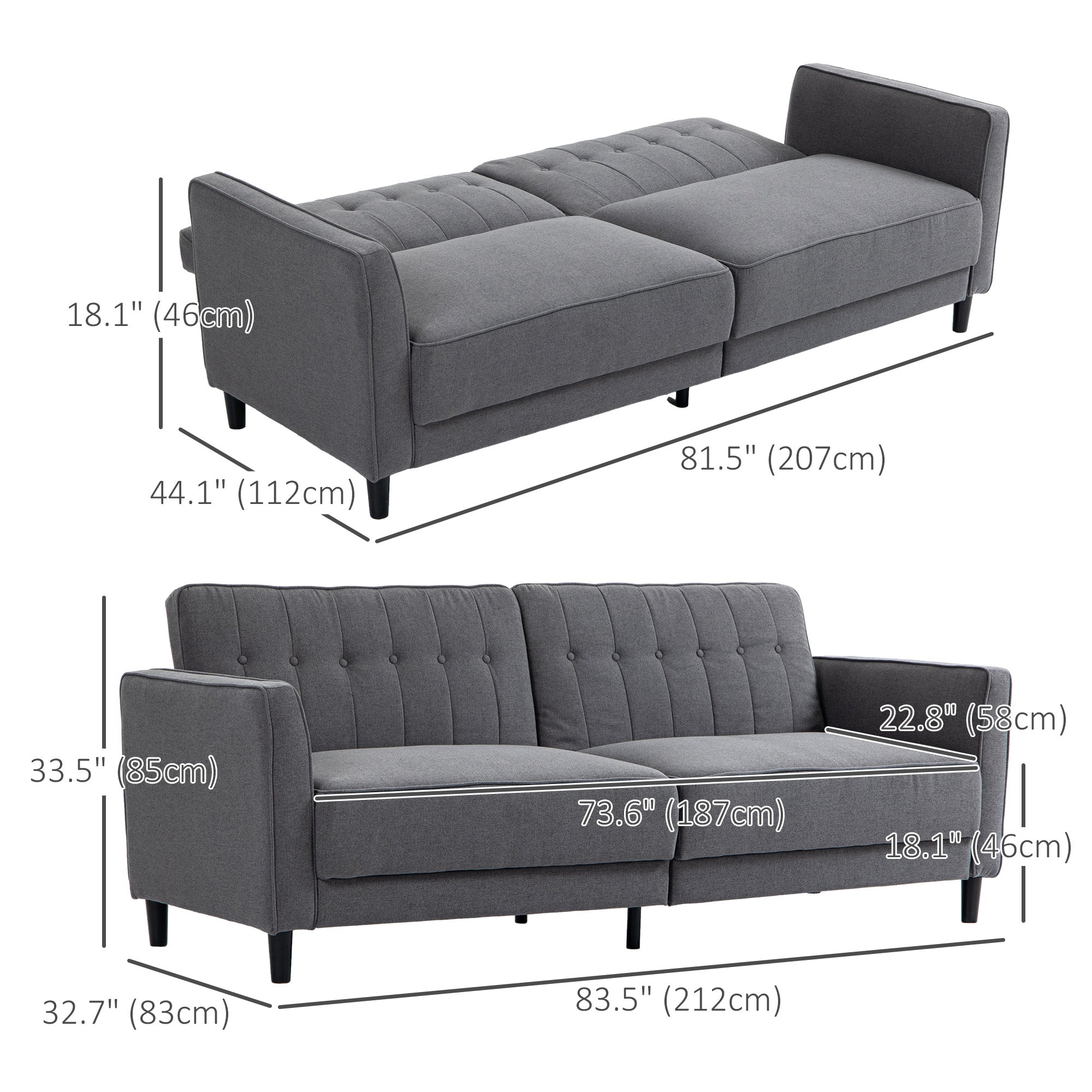 Convertible Bed with Couch, Button Tufted Fabric Sofa Bed with Adjustable Back for Living Room, Charcoal Grey