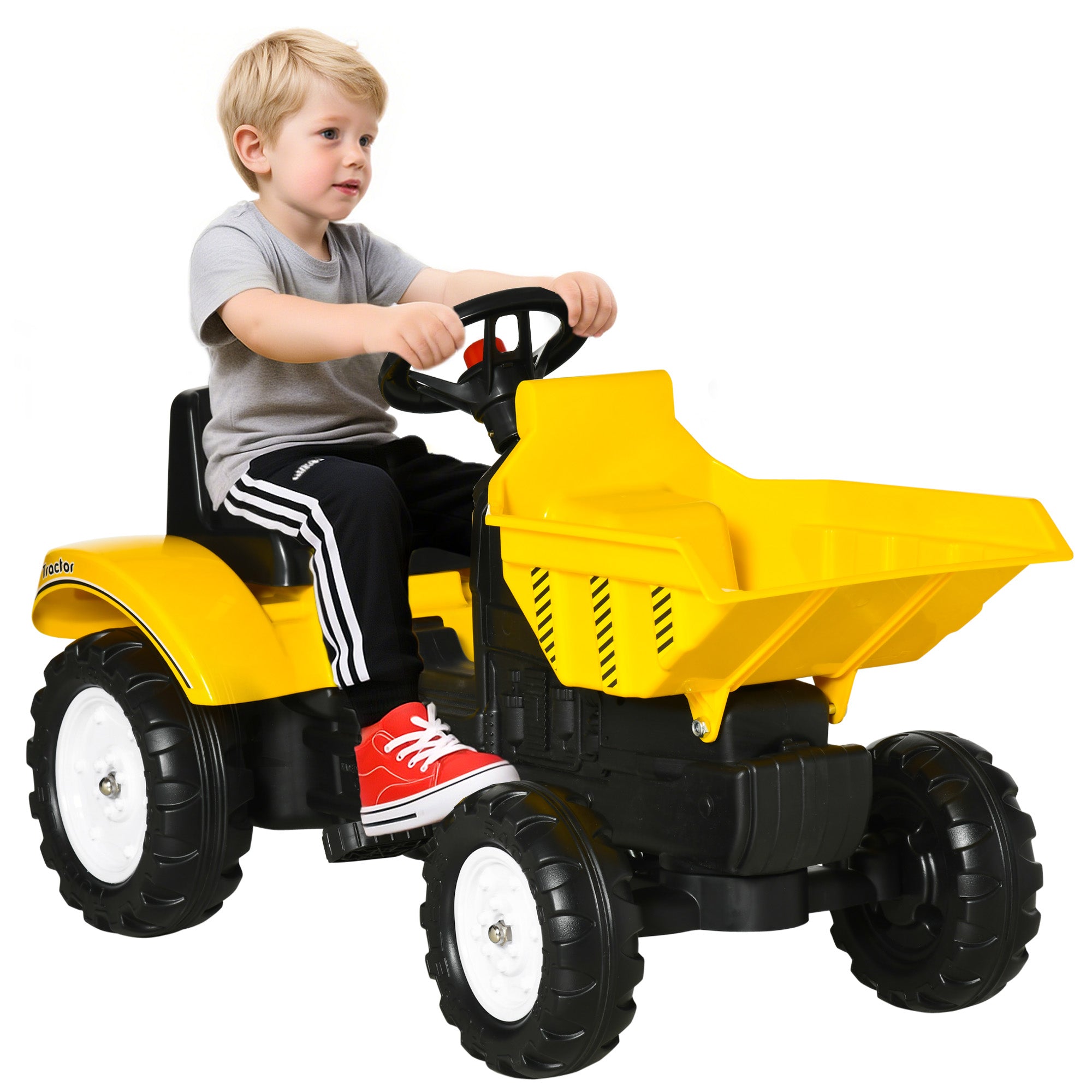 Aosom Ride on Tractor for Kids, Pedal Construction Car with Manual Control Bucket for 3 Years Old, Yellow