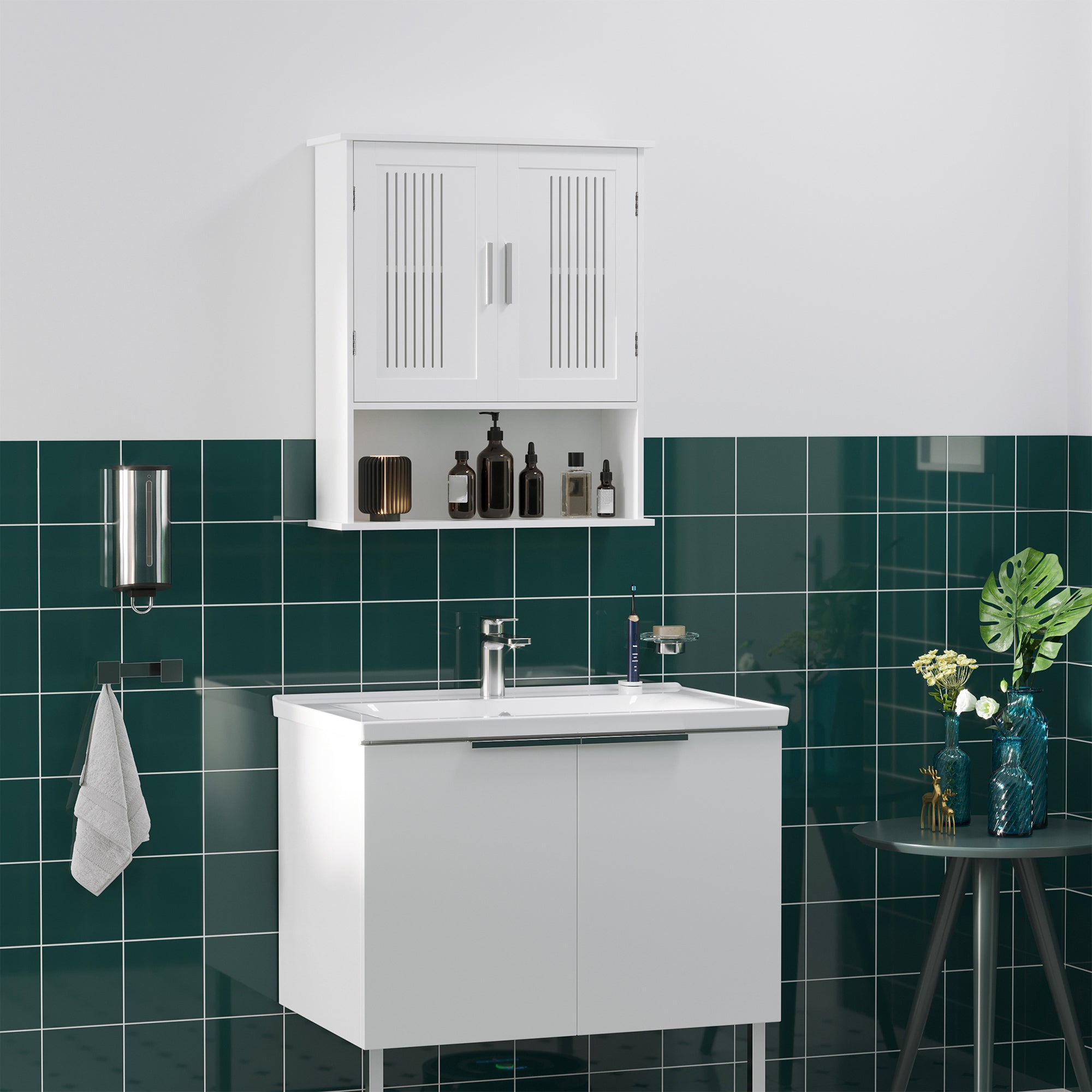 Modern Wall Mount Bathroom Cabinet, Storage Organizer with 2 Door Cabinet and Shelf, White