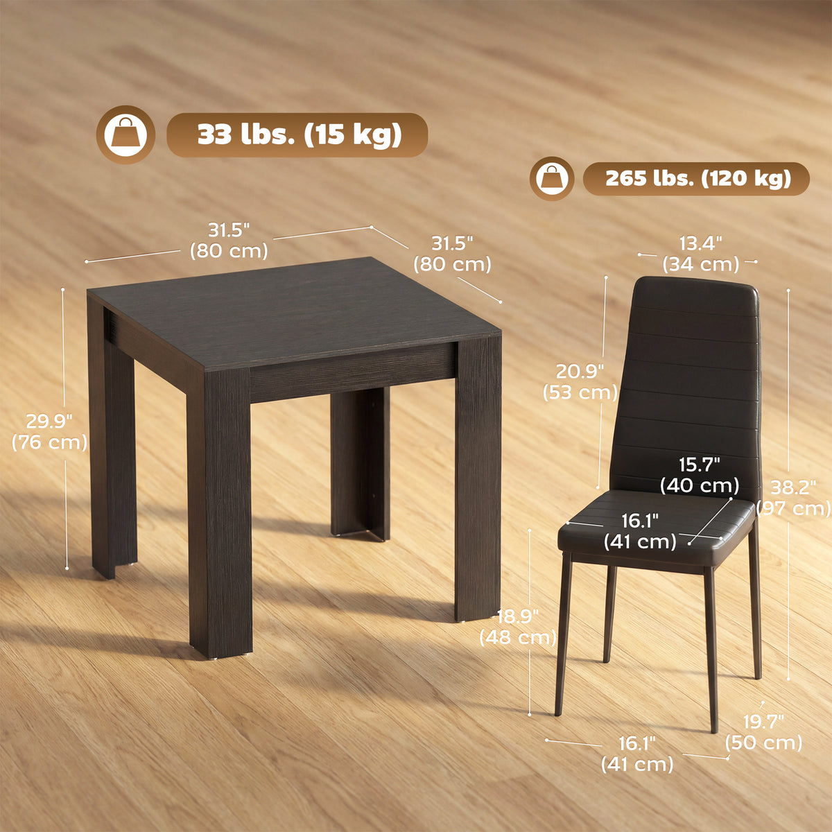 Dining Table Set for 2, Square Kitchen Table and Chairs, Dining Room Table and PU Leather Upholstered Chairs, Black
