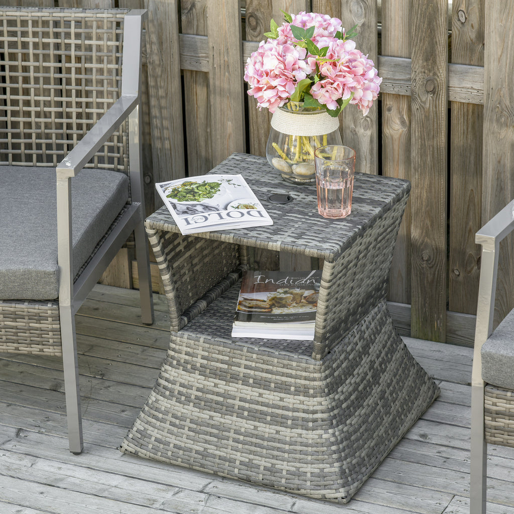 Rattan Wicker Side Table, 21.3" Square Outdoor End Table with Umbrella Hole 2-Tier Storage for Patio Garden Mixed Brown