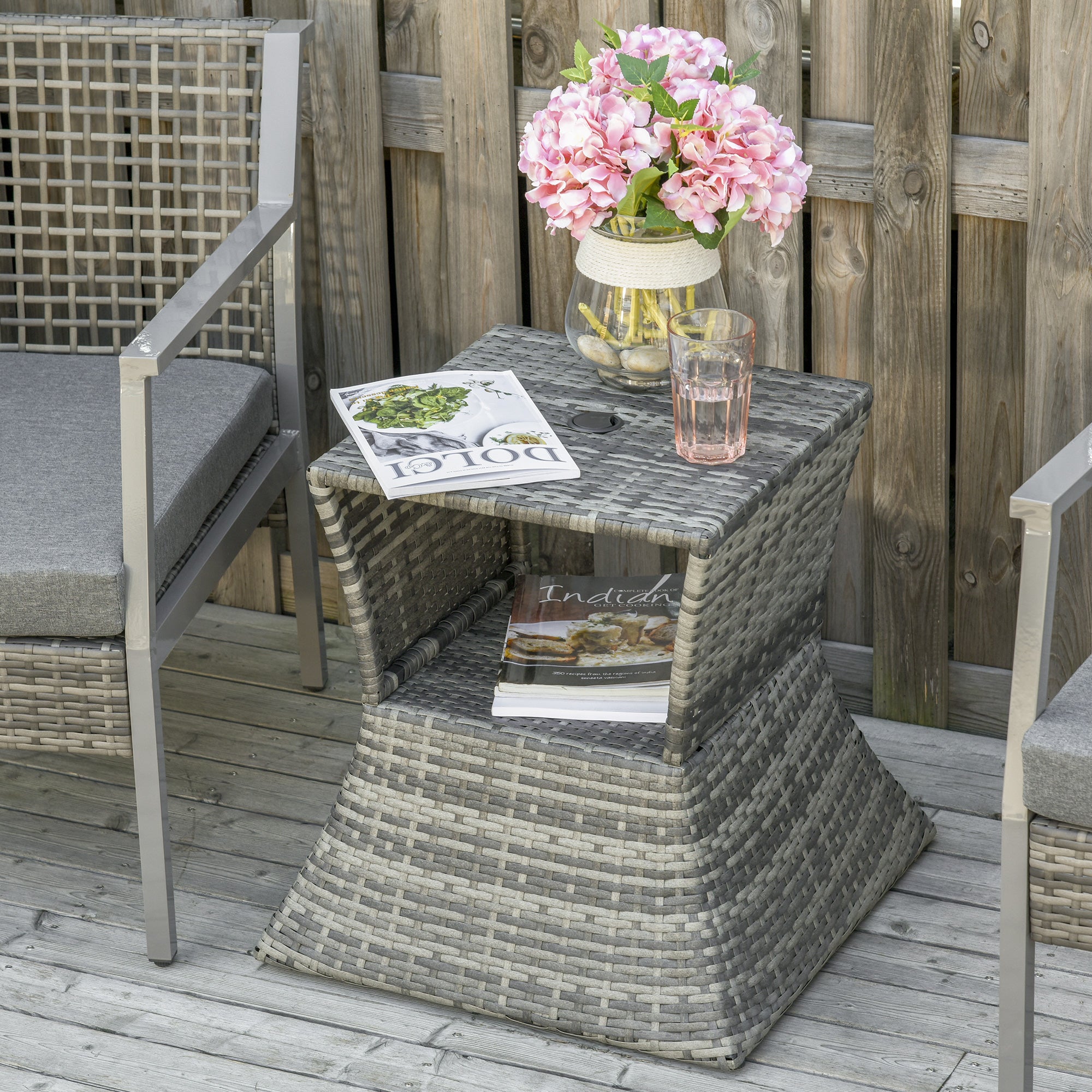 Rattan Wicker Side Table, 21.3" Square Outdoor End Table with Umbrella Hole 2-Tier Storage for Patio Garden Mixed Brown