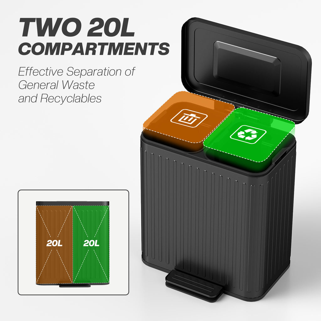 Trash Can, 2 x 5.3 Gallon (2 x 20 L) Garbage Can with Soft-Close Lid, Removable Inner Buckets for Kitchen Home Office