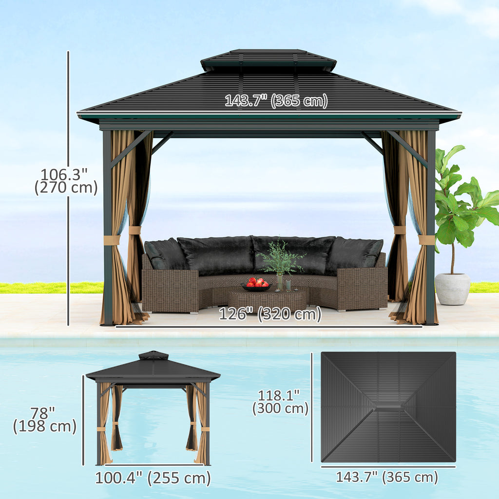 10' x 10' Hardtop Gazebo, Sun Shelter with Double Tier Metal Roof, Mosquito Netting, and Hanging Hook, Dark Brown