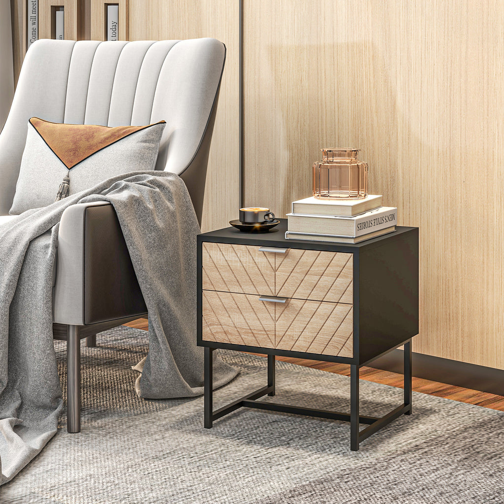 Modern Bedside Table with 2 Drawers and Steel Frame, Sofa Side Table for Bedroom Living Room, White and Oak