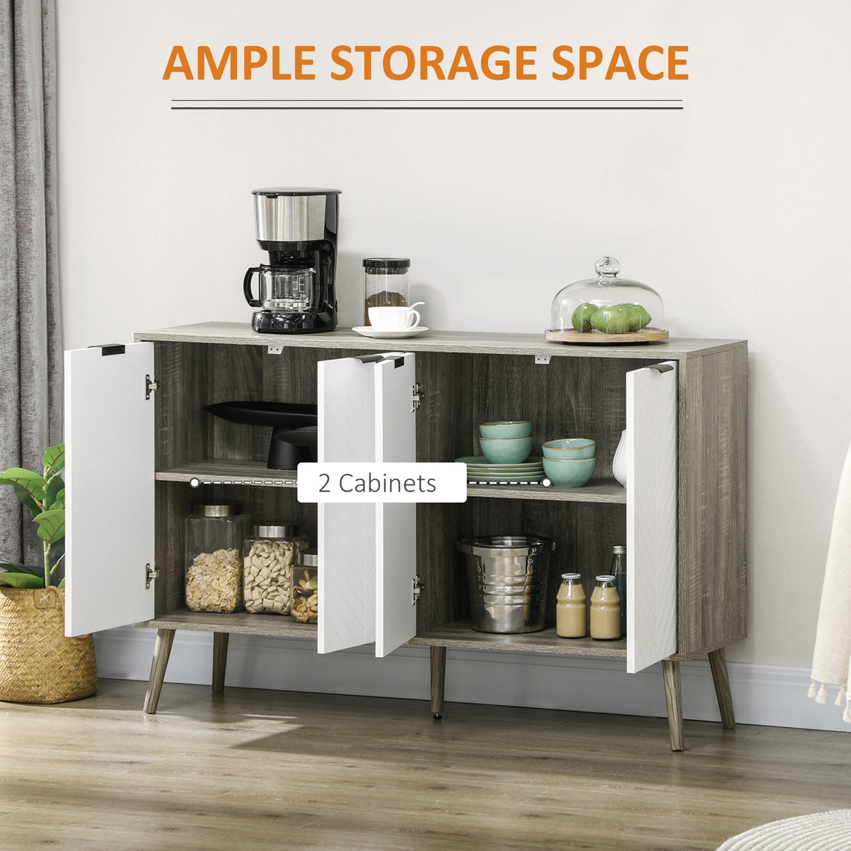 Modern Sideboard and Buffet, Dining Room Cabinet with Adjustable Shelves and 4 Doors, Grayish Brown
