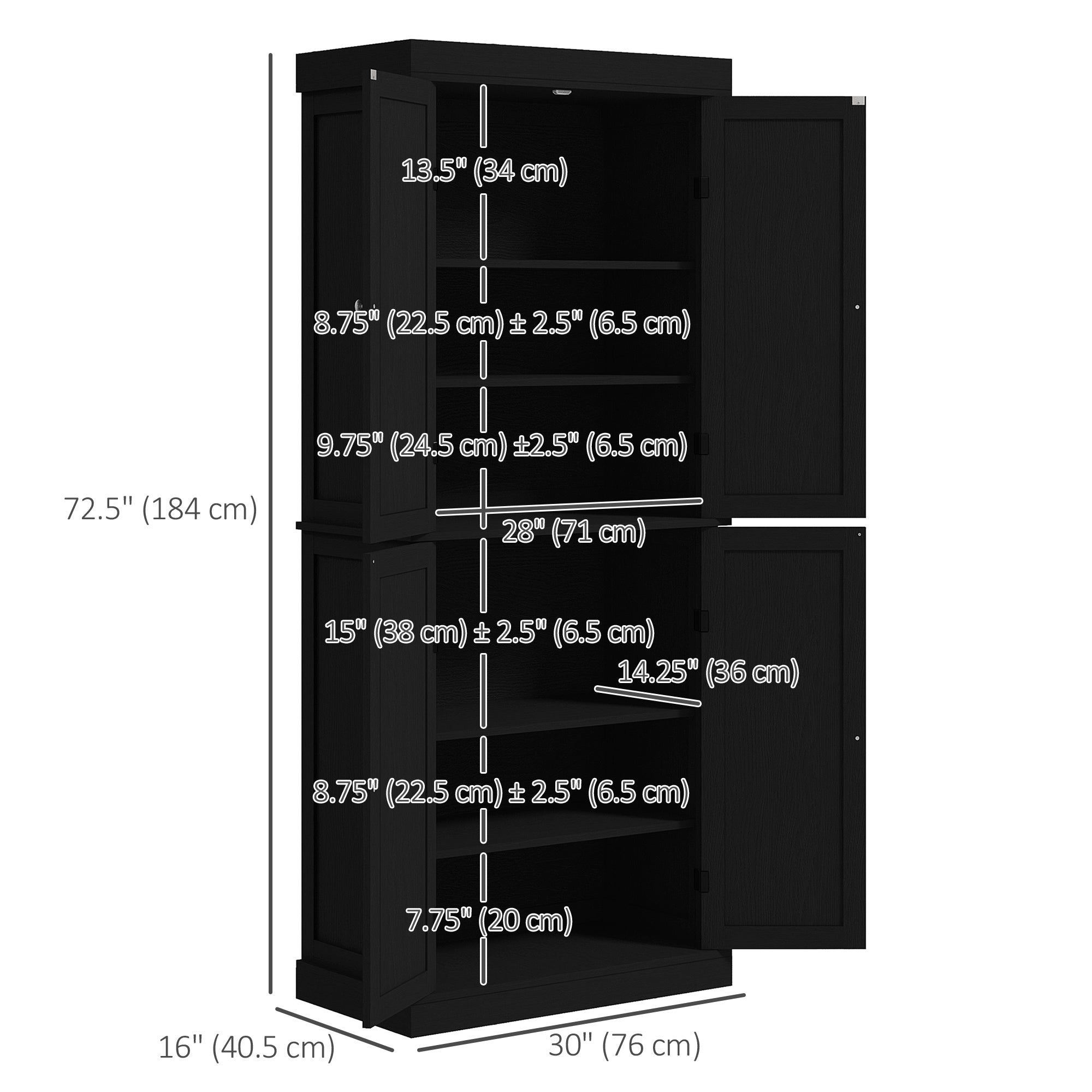 72.5" Freestanding Kitchen Pantry Cabinet with 4 Doors, Black