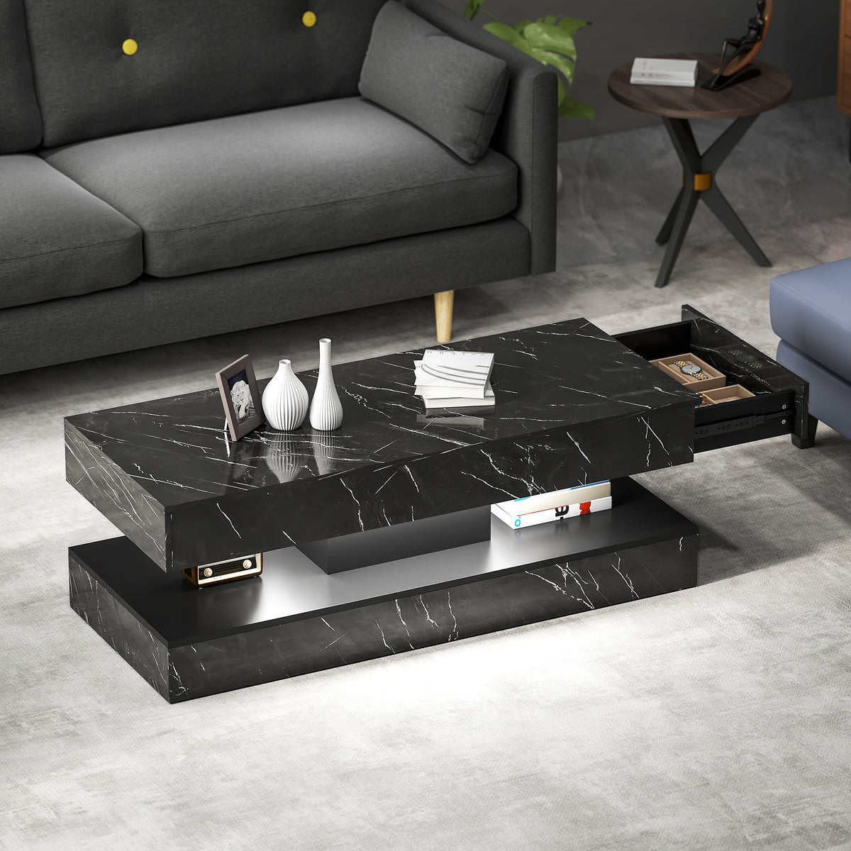 Coffee Table with Adjustable LED Lights, Center Table with 2 Drawers, Open Shelf, Remote, High Gloss Marble-Effect White
