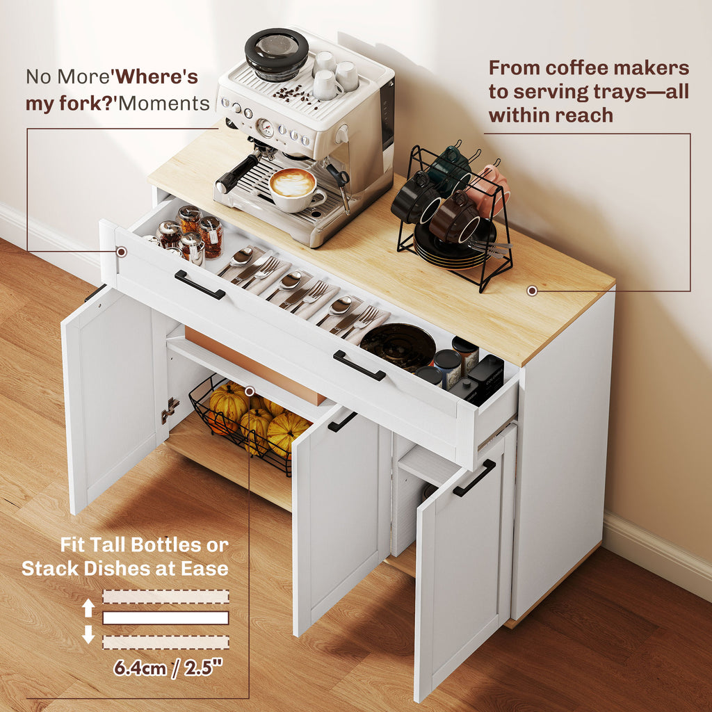 ሳይድቦርድ ቡፌ ካቢኔት፣ ሞደርን 40" ኮፊ ባር ካቢኔት ሰፊሕ መሳልብ ዘለዎ፣ 3 ማዕጾታትን 2 ተስተካከሊ መደርደሪታትን፣ ጻዕዳ