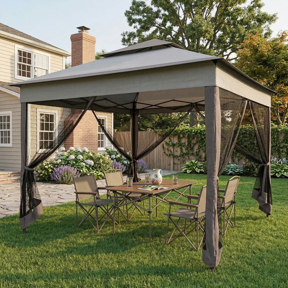 11' x 11' Pop Up Canopy 2-Tier Soft Top Shelter Event Tent w/ Netting Carry Bag for Patio Backyard Garden, Mixed Grey